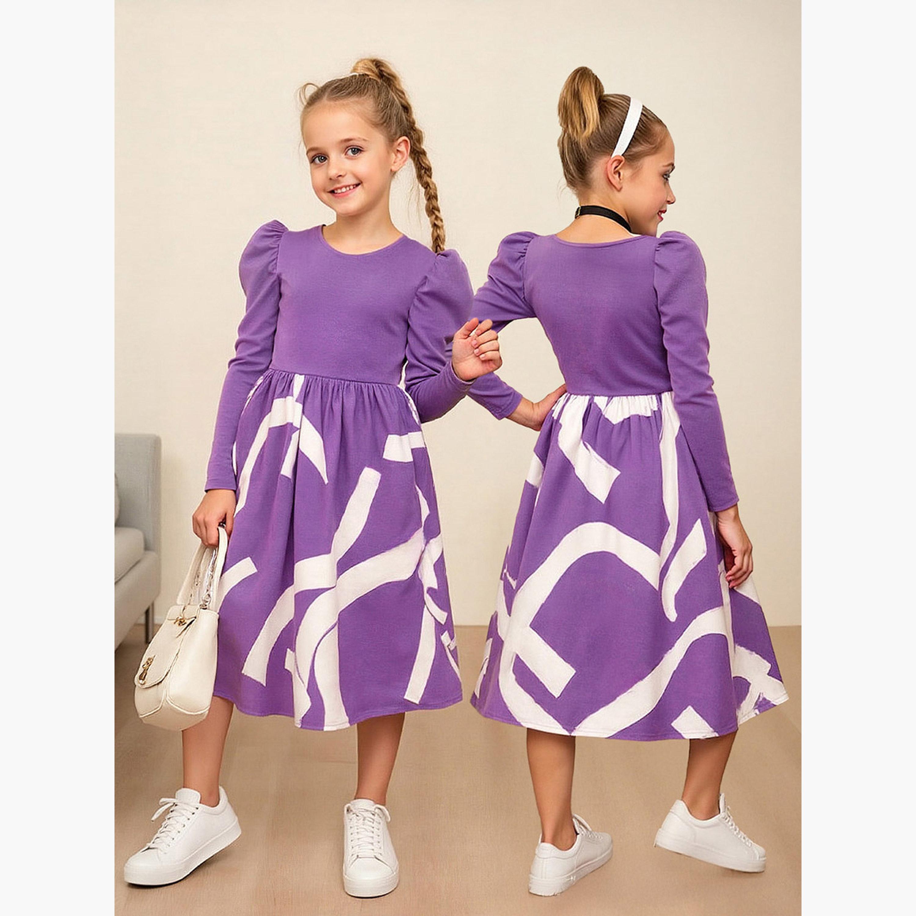 تيك تو - فستان بناتي بأكمام منتفخة وبطبعةبنفسجي-girls-clothing-dressesandjumpsuits-image-5