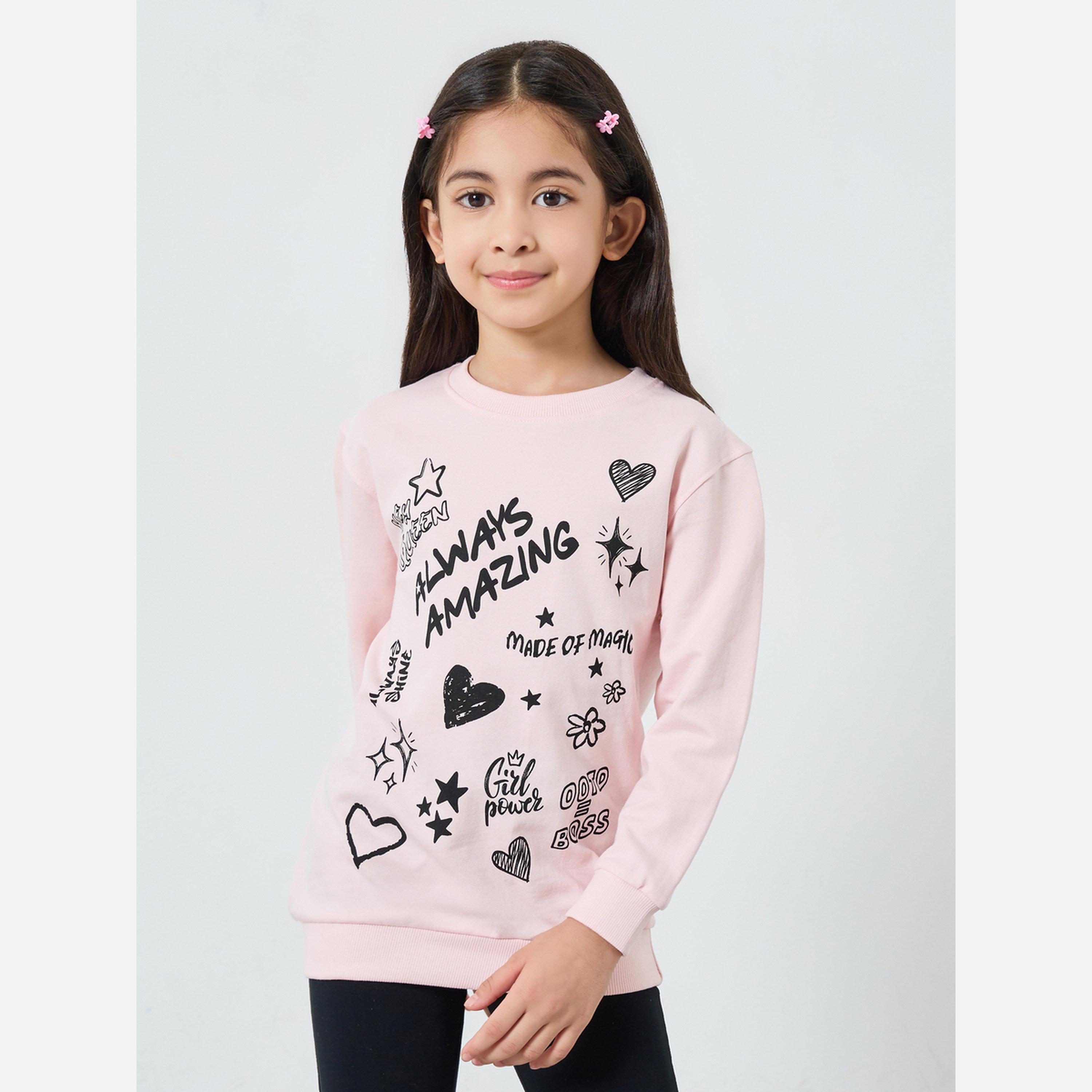 ستايلي - طقم سويت شيرت وفيزون للبنات لون وردي بطبعة غرافيكية-girls-clothing-setsandcoords-image-2
