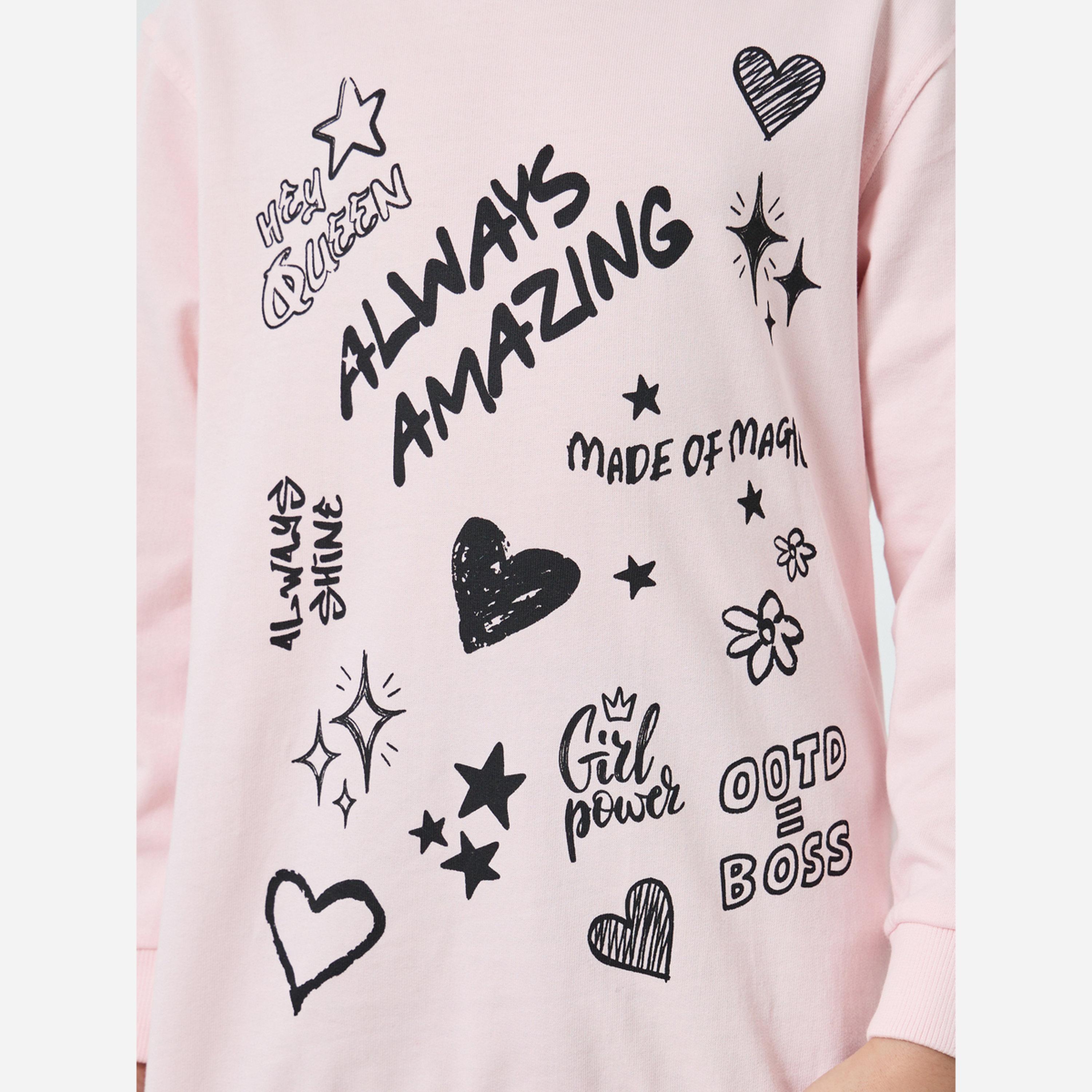 ستايلي - طقم سويت شيرت وفيزون للبنات لون وردي بطبعة غرافيكية-girls-clothing-setsandcoords-image-3