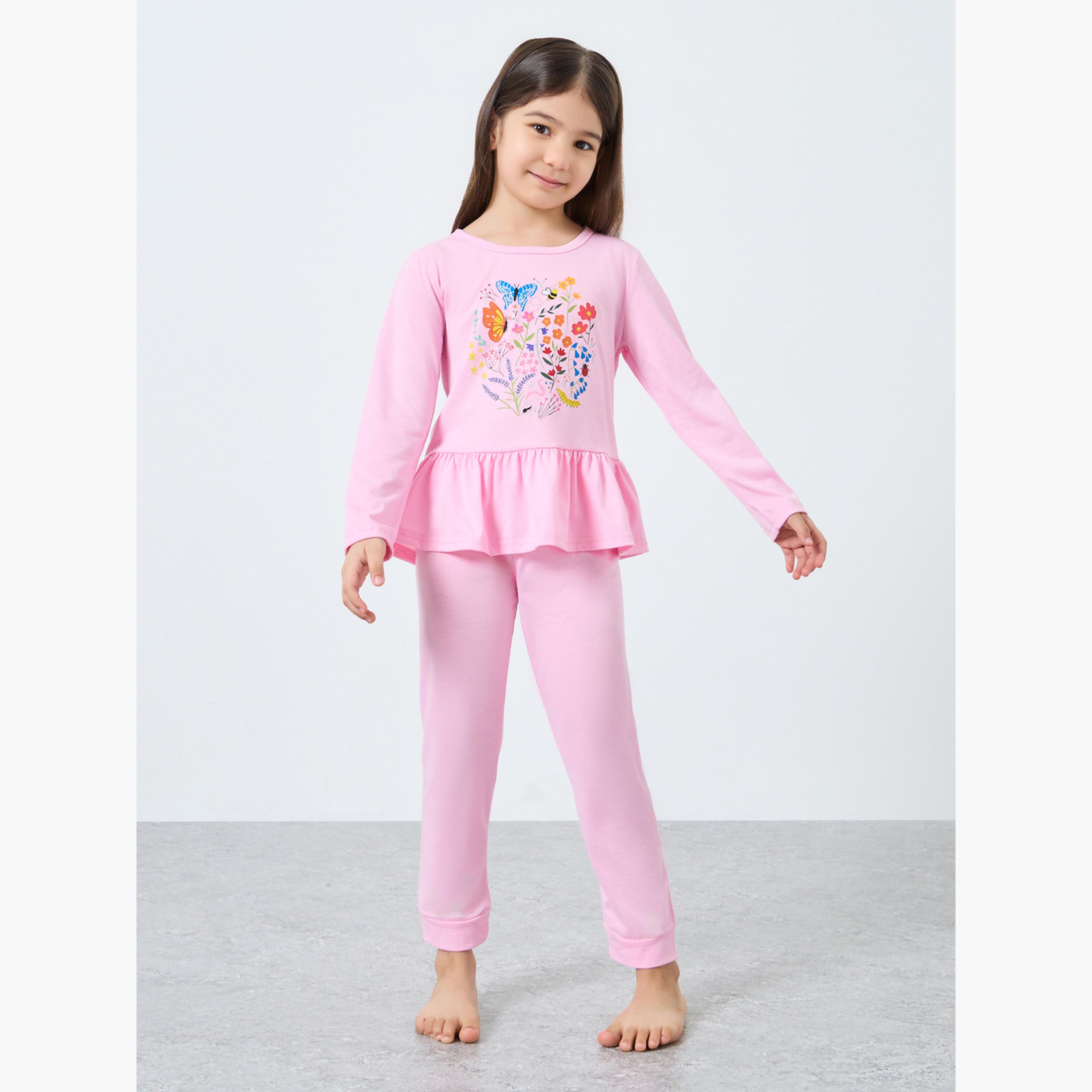 ستايلي - طقم بيجامة وقميص بأكمام طويلة بطبعة جرافيكية لون وردي-girls-clothing-nightwear-image-1