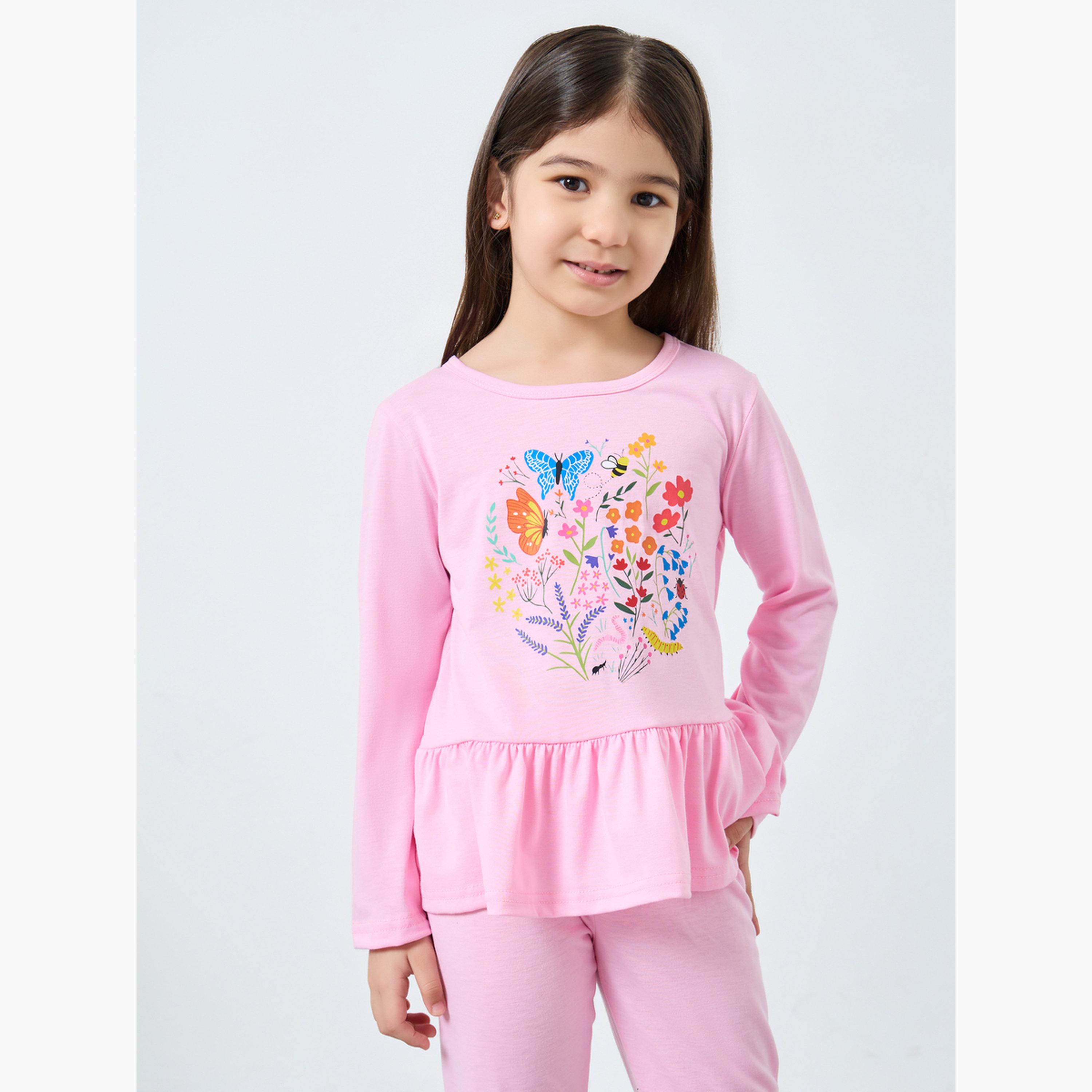 ستايلي - طقم بيجامة وقميص بأكمام طويلة بطبعة جرافيكية لون وردي-girls-clothing-nightwear-image-2