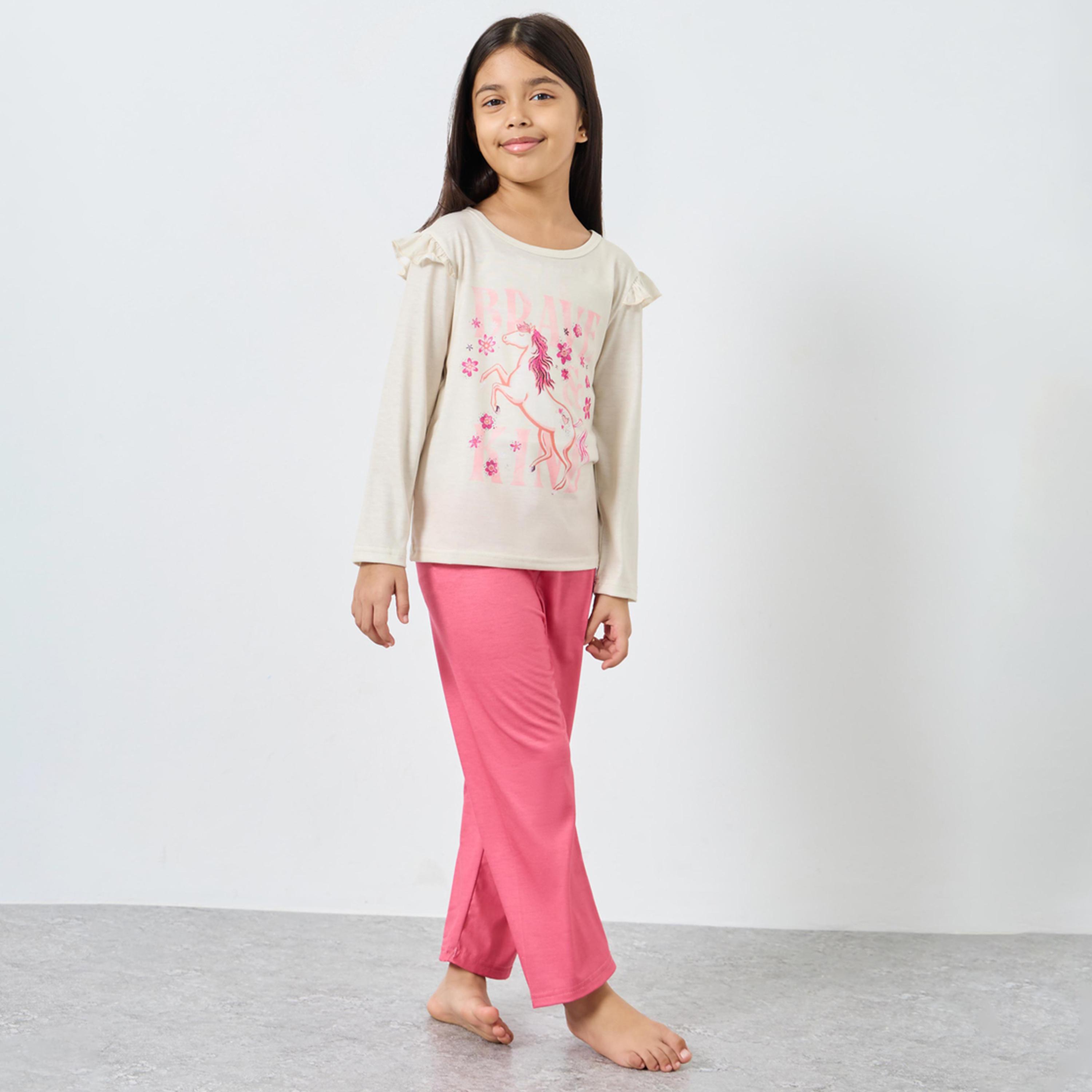 ستايلي - بيجاما جزء علوي مزين بكشكشة ومطبوع عليه رسوميات-girls-clothing-nightwear-image-1