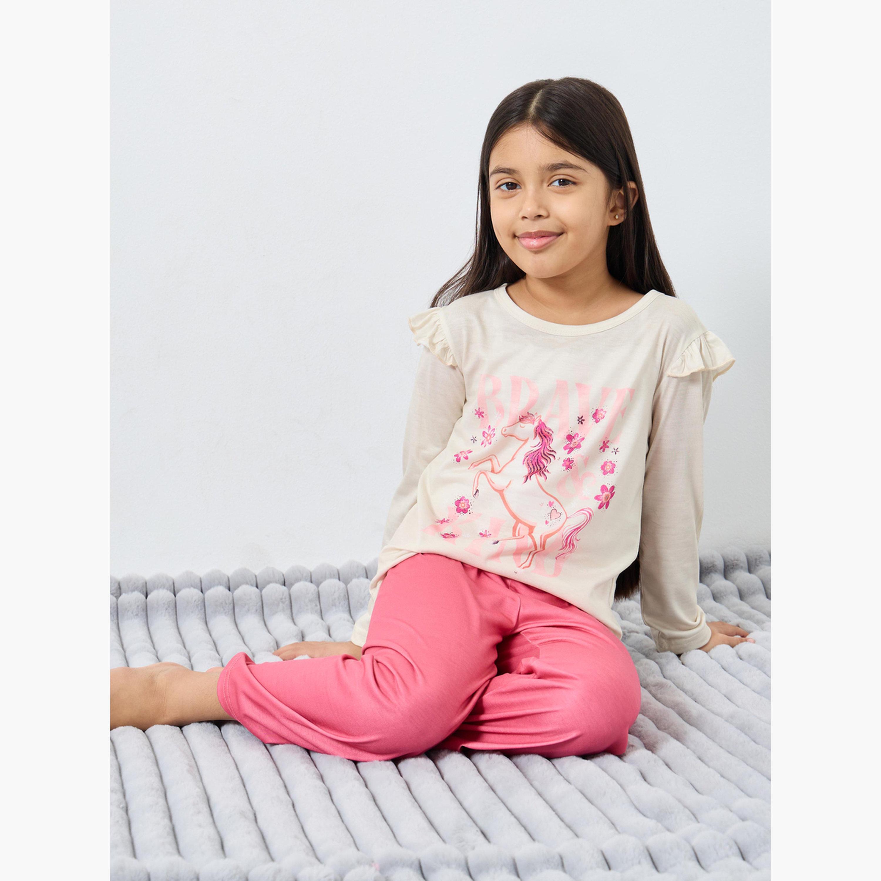 ستايلي - بيجاما جزء علوي مزين بكشكشة ومطبوع عليه رسوميات-girls-clothing-nightwear-image-2