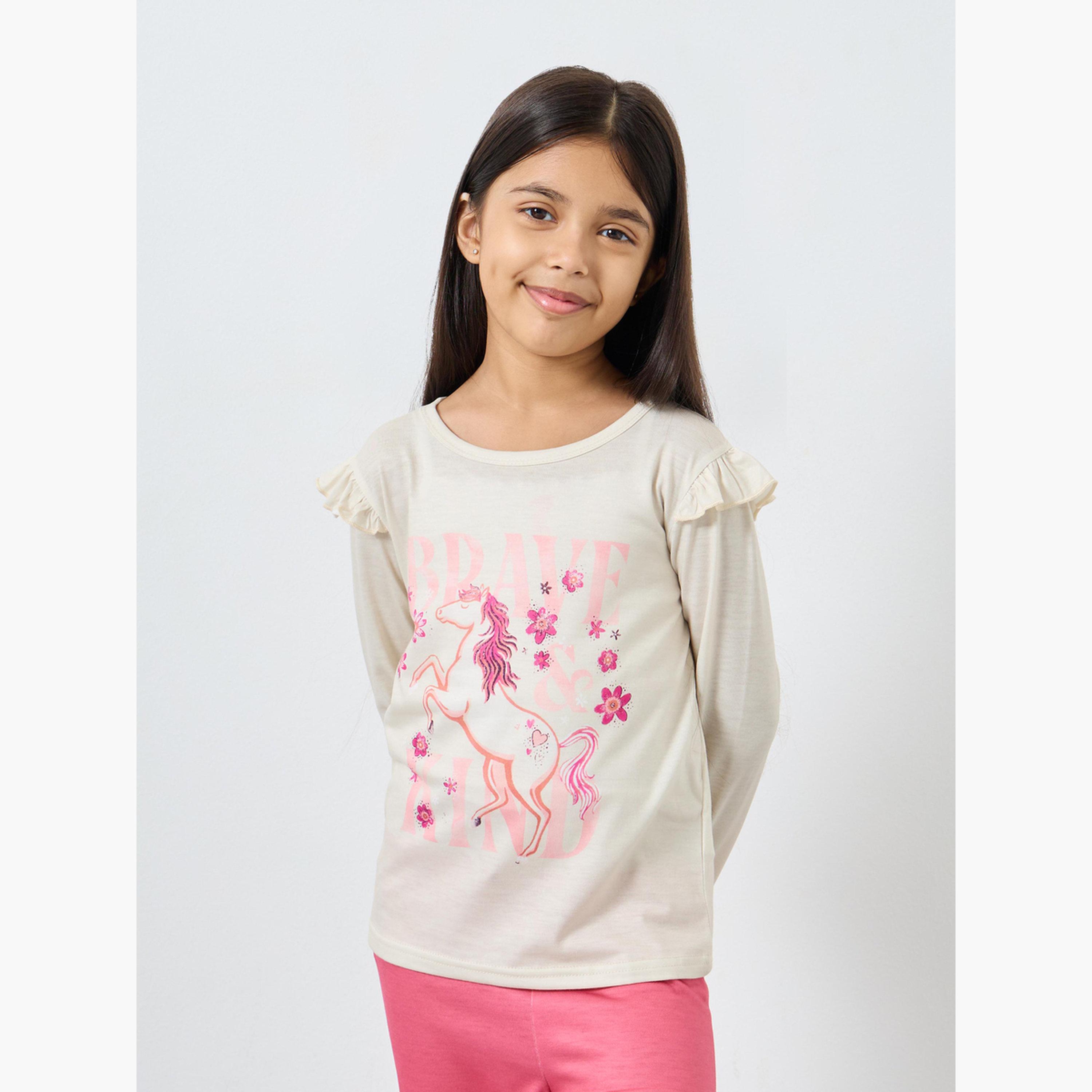 ستايلي - بيجاما جزء علوي مزين بكشكشة ومطبوع عليه رسوميات-girls-clothing-nightwear-image-3