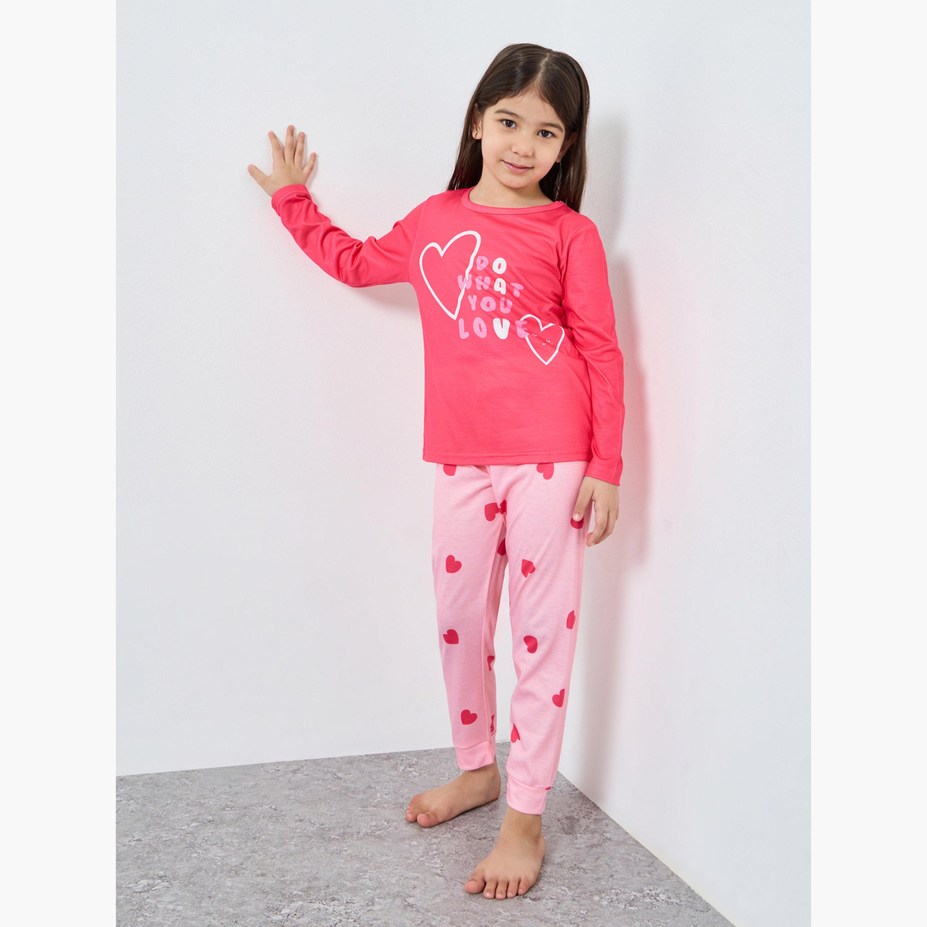ستايلي - بيجاما تي شيرت بأكمام طويلة مطبوع لون وردي-girls-clothing-nightwear-image-1