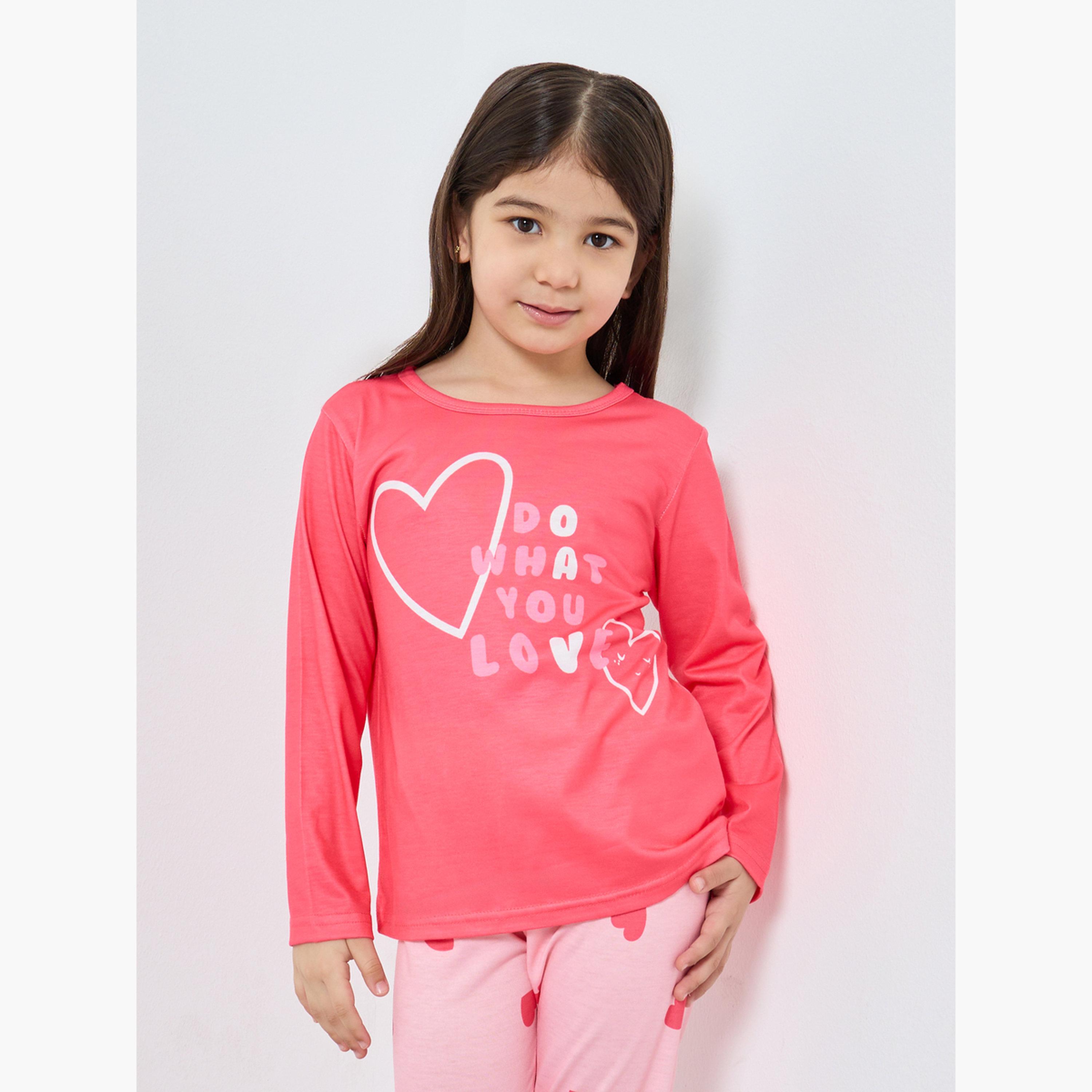 Styli Pink Printed Long Sleeve T-Shirt and Pyjama Set-girls-clothing-nightwear-image-2