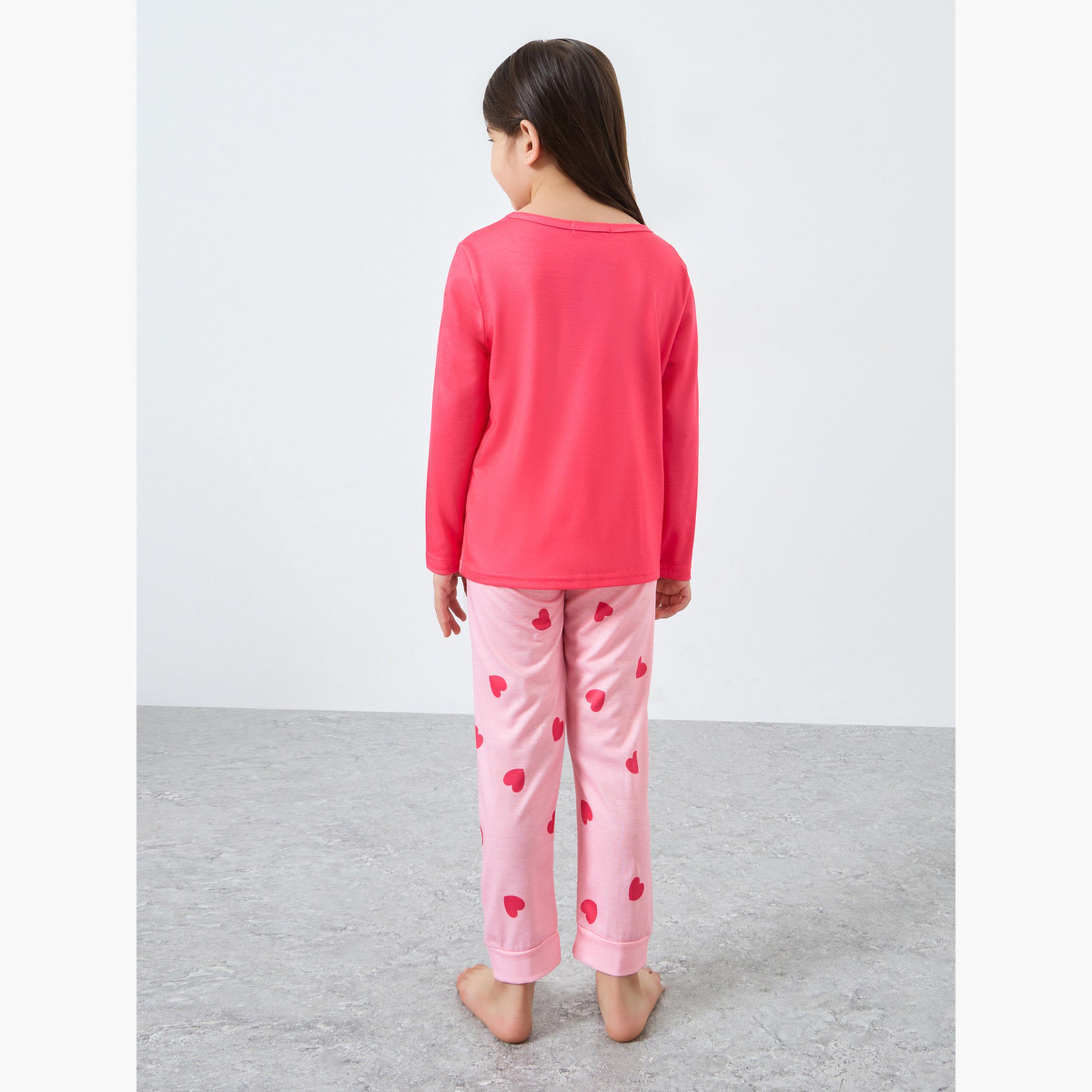 ستايلي - بيجاما تي شيرت بأكمام طويلة مطبوع لون وردي-girls-clothing-nightwear-image-4