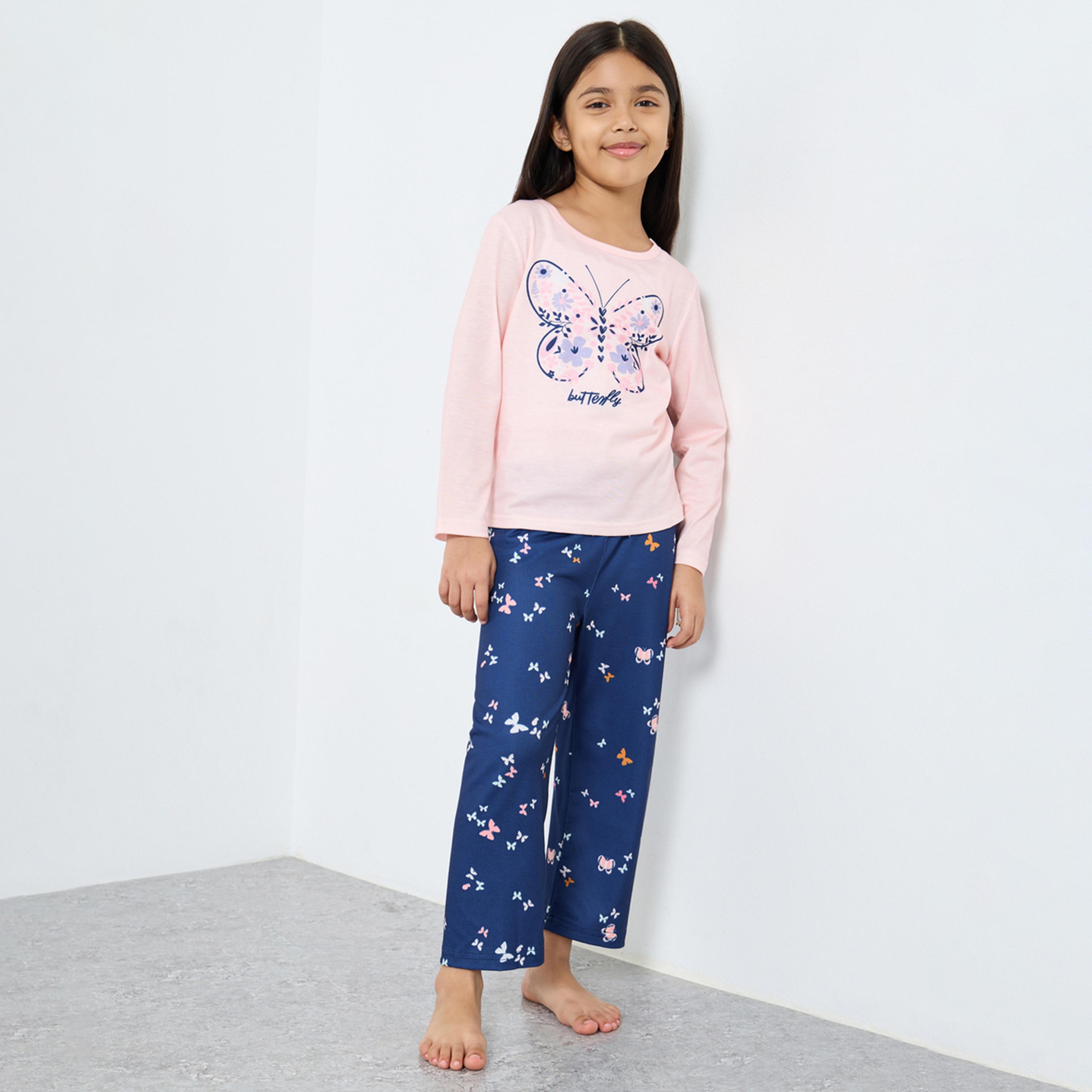 Styli Butterfly Print Long Sleeve T-Shirt and Pyjama Set-girls-clothing-nightwear-image-1