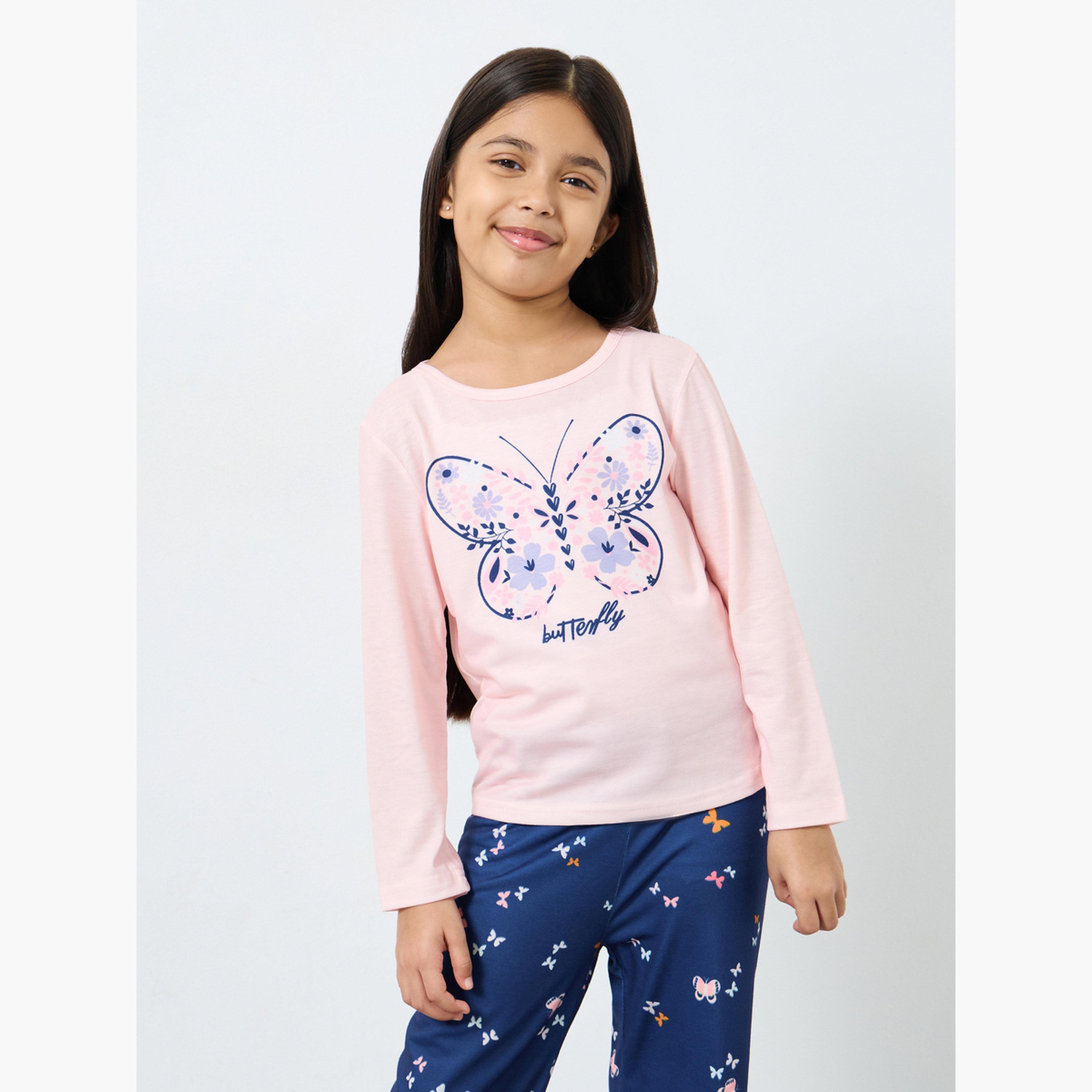 ستايلي - بيجاما تي شيرت بأكمام طويلة بطبعة فراشات-girls-clothing-nightwear-image-2