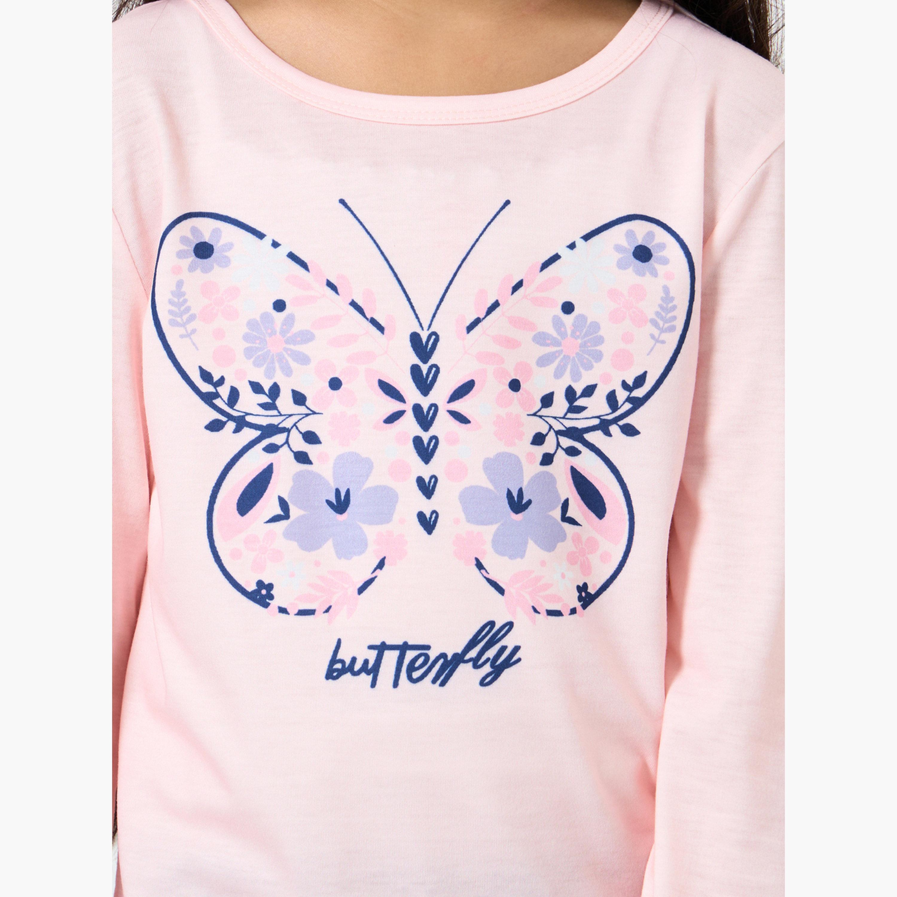 ستايلي - بيجاما تي شيرت بأكمام طويلة بطبعة فراشات-girls-clothing-nightwear-image-3