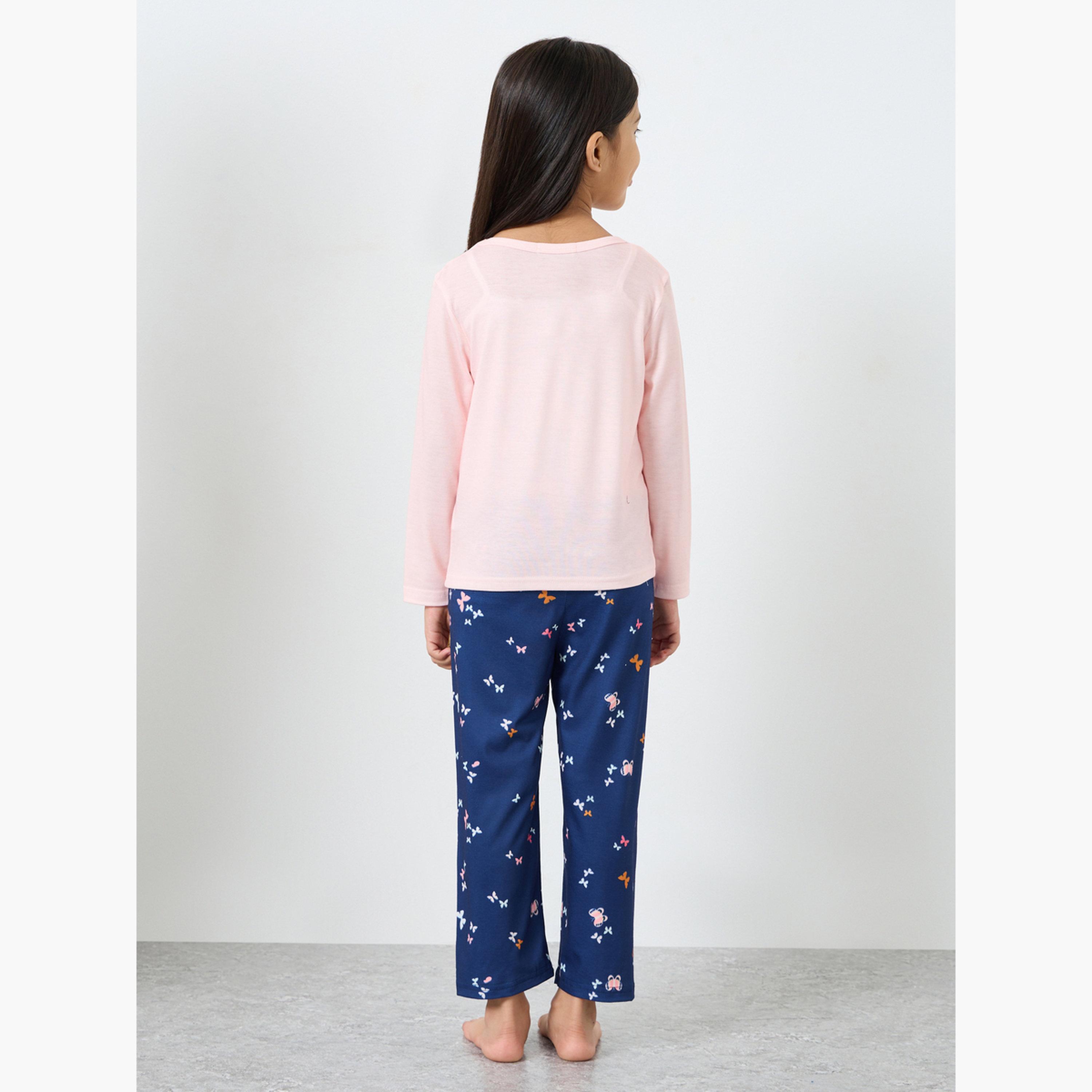 Styli Butterfly Print Long Sleeve T-Shirt and Pyjama Set-girls-clothing-nightwear-image-5