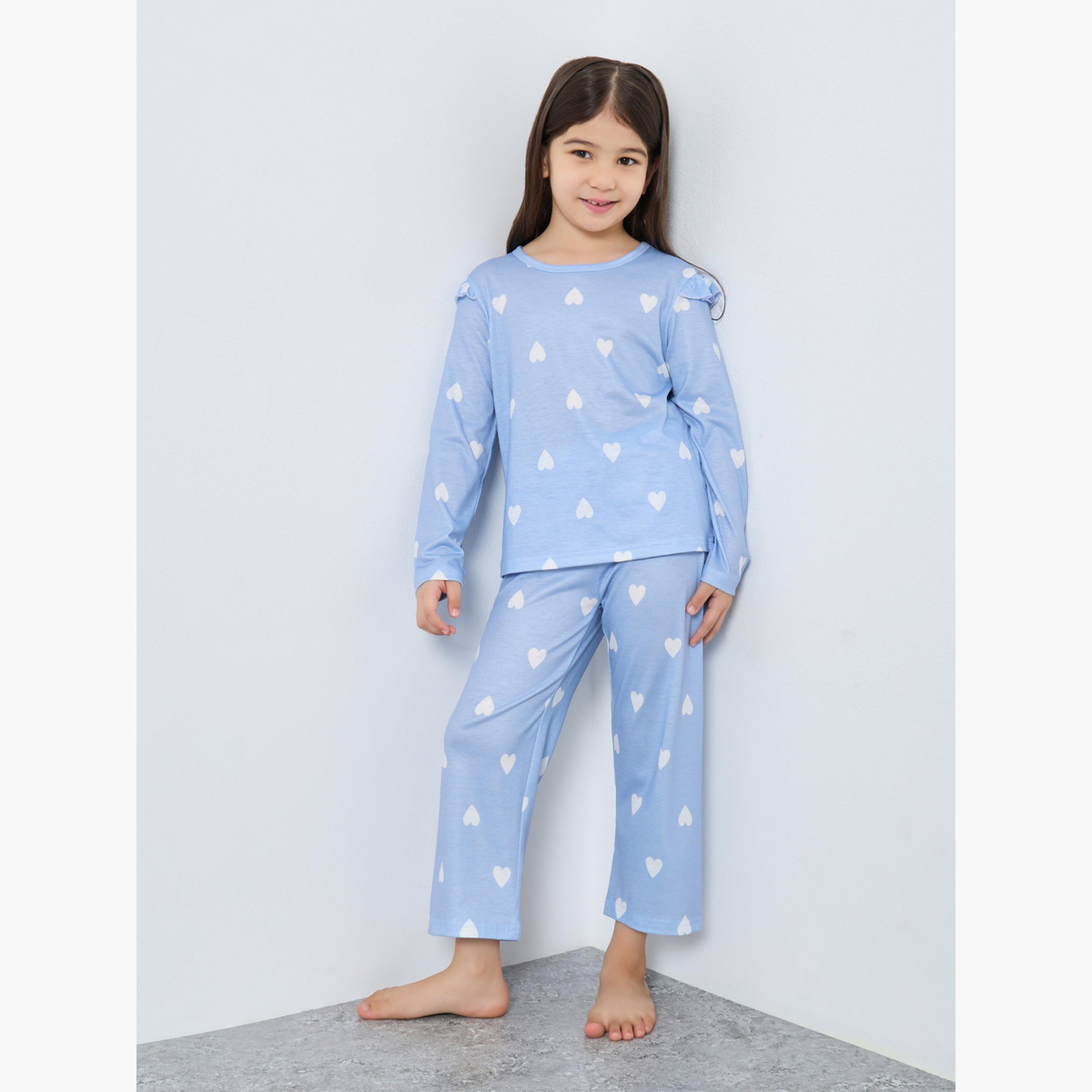 Styli Blue Heart Printed Long Sleeve Top and Pyjama Set-girls-clothing-nightwear-image-1