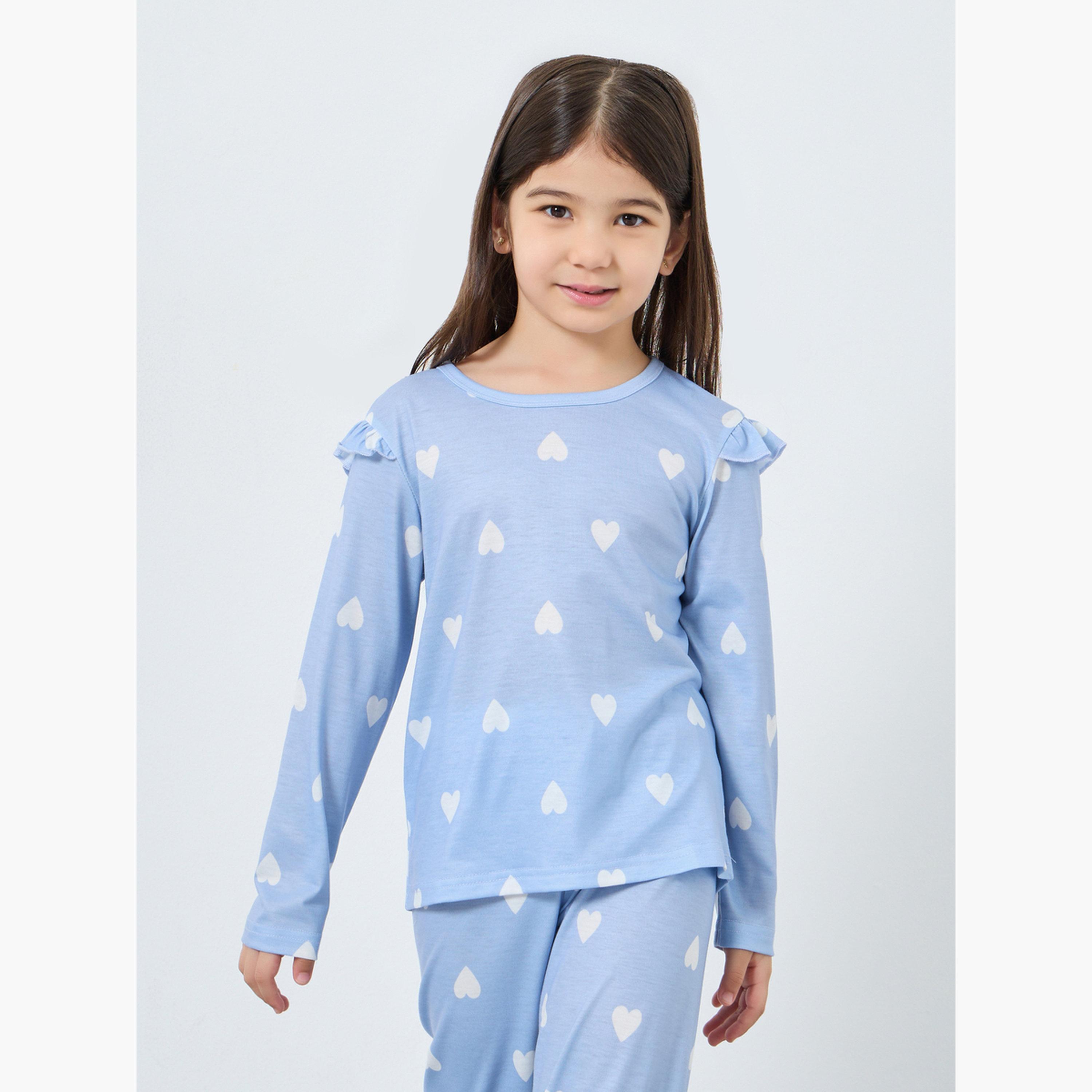 Styli Blue Heart Printed Long Sleeve Top and Pyjama Set-girls-clothing-nightwear-image-2