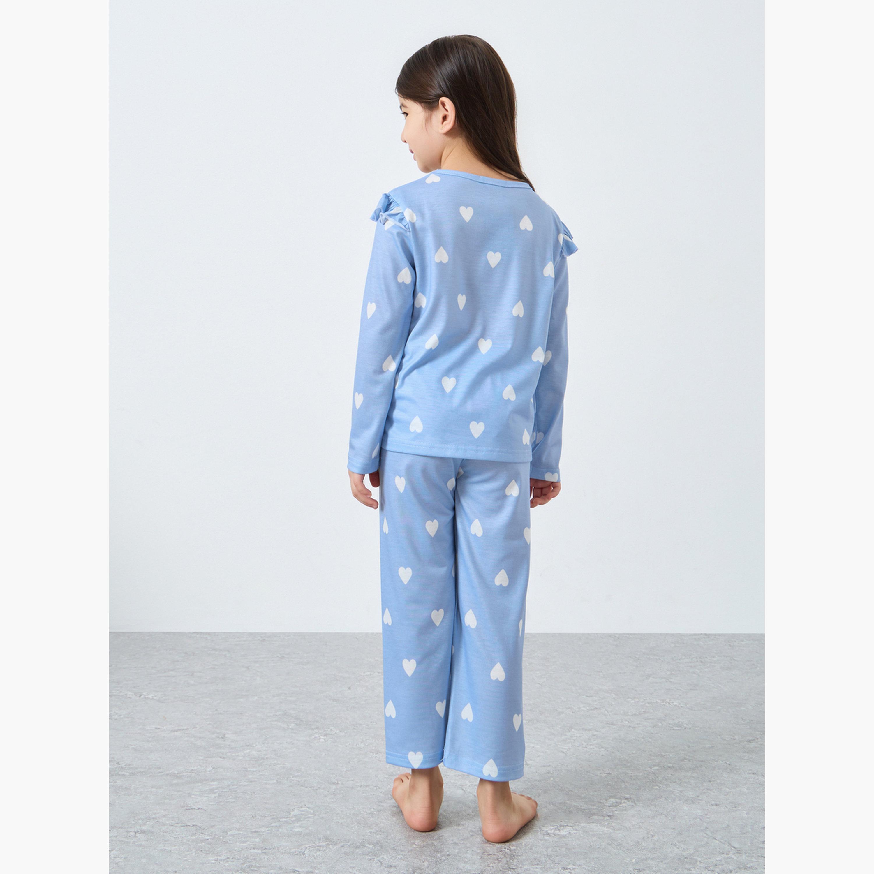 Styli Blue Heart Printed Long Sleeve Top and Pyjama Set-girls-clothing-nightwear-image-4