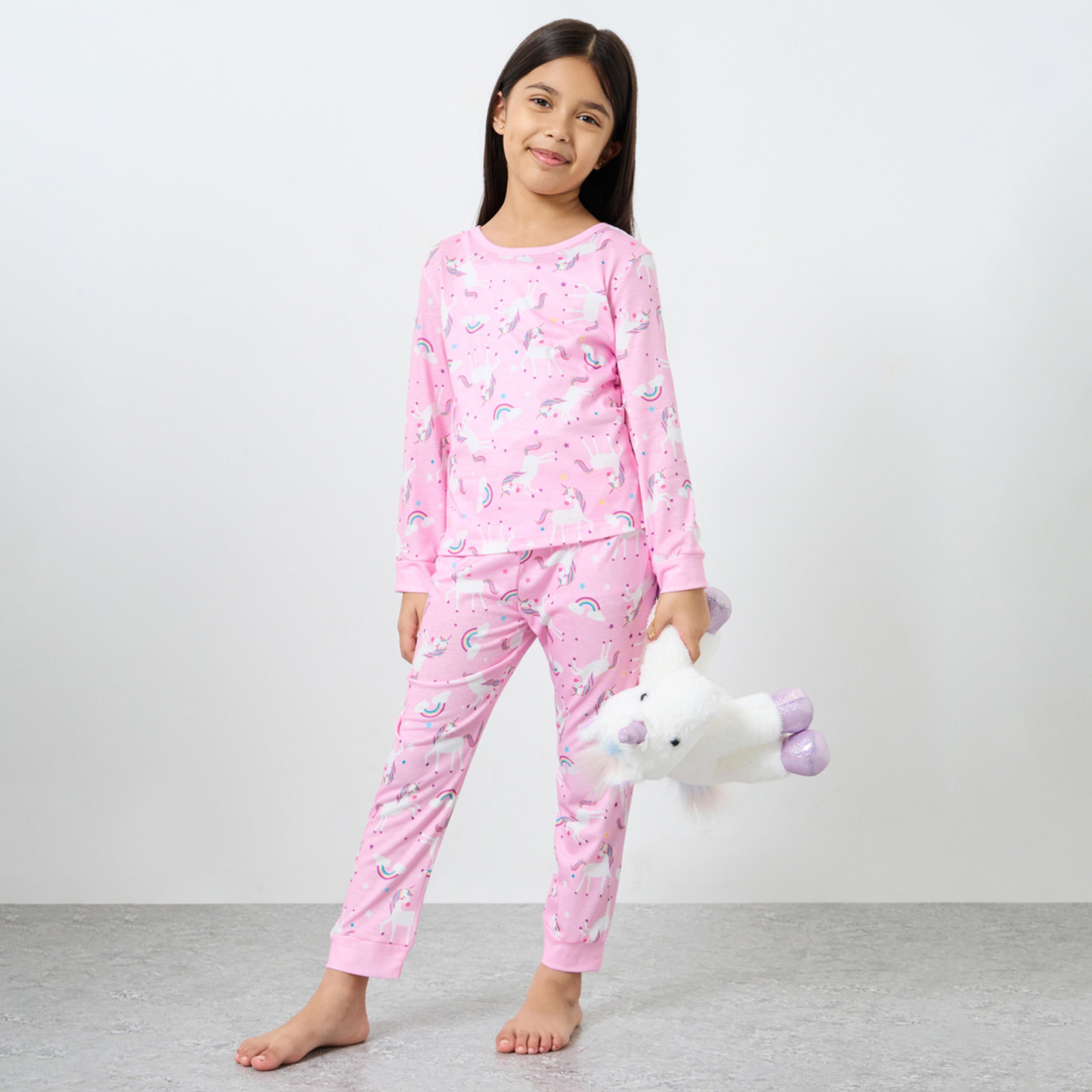 ستايلي - بيجاما قميص بأكمام طويلة مطبوع عليه يونيكورن وردي فاتح-girls-clothing-nightwear-image-1