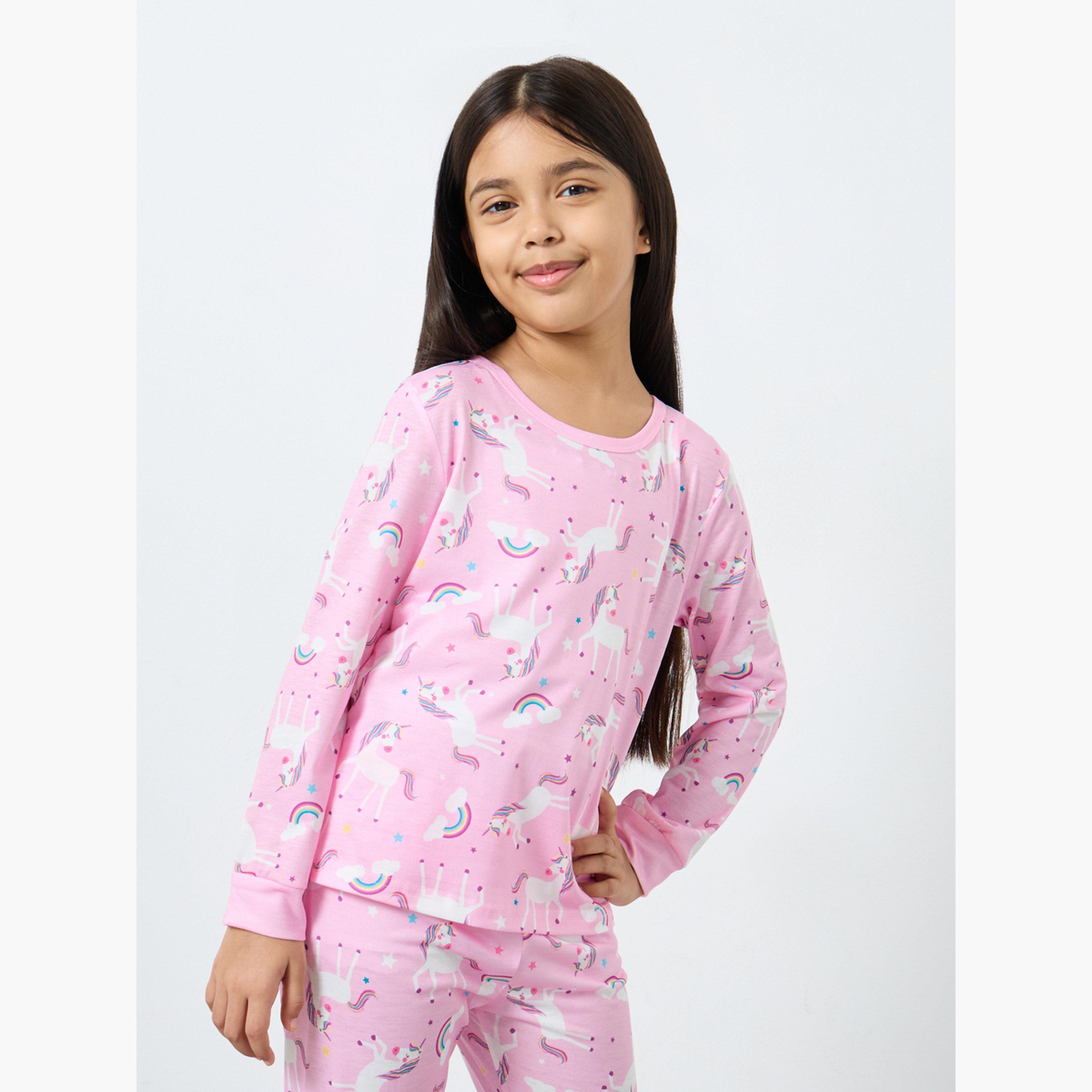 Styli Light Pink Unicorn Printed Long Sleeve Top and Pyjama Set-girls-clothing-nightwear-image-2