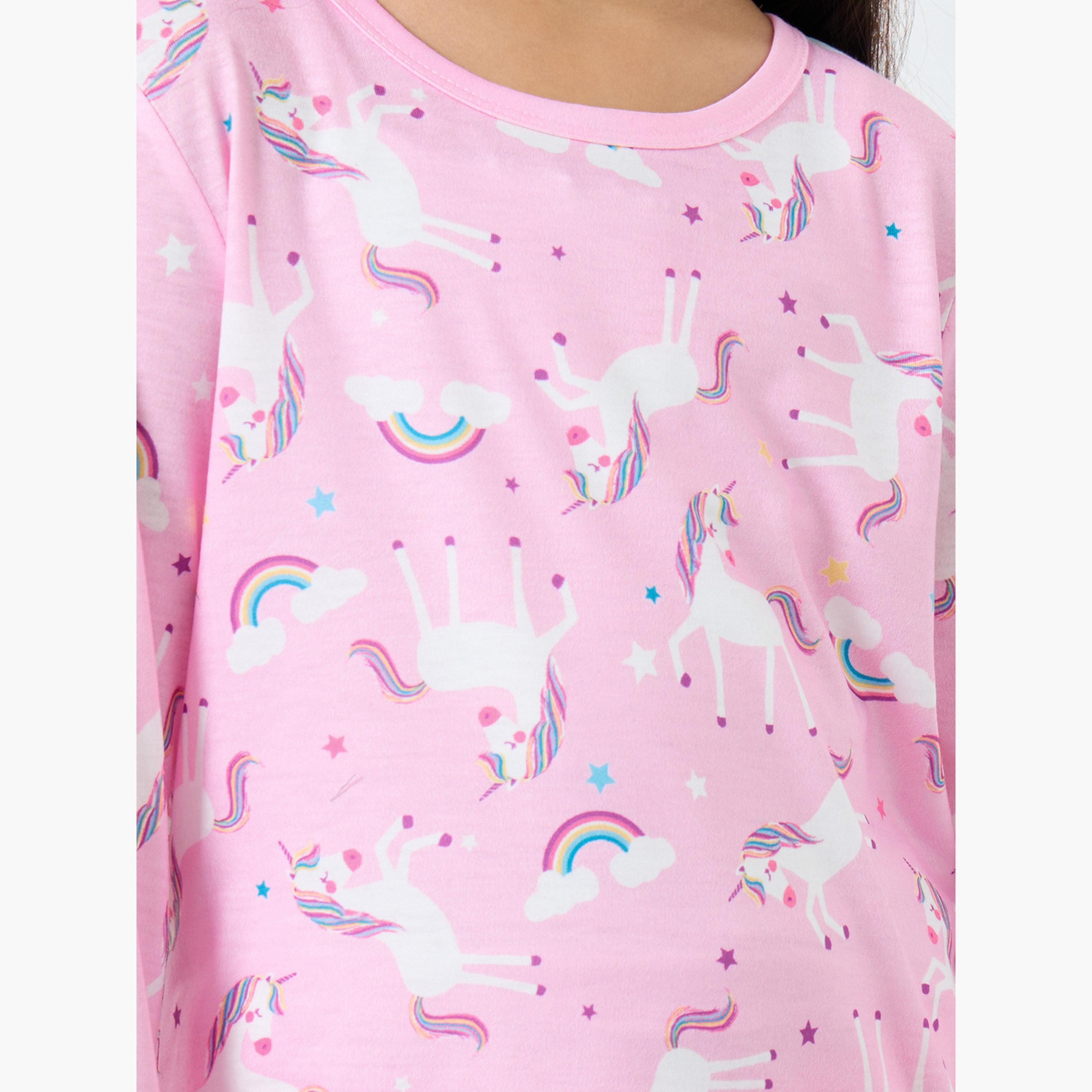 Styli Light Pink Unicorn Printed Long Sleeve Top and Pyjama Set-girls-clothing-nightwear-image-3