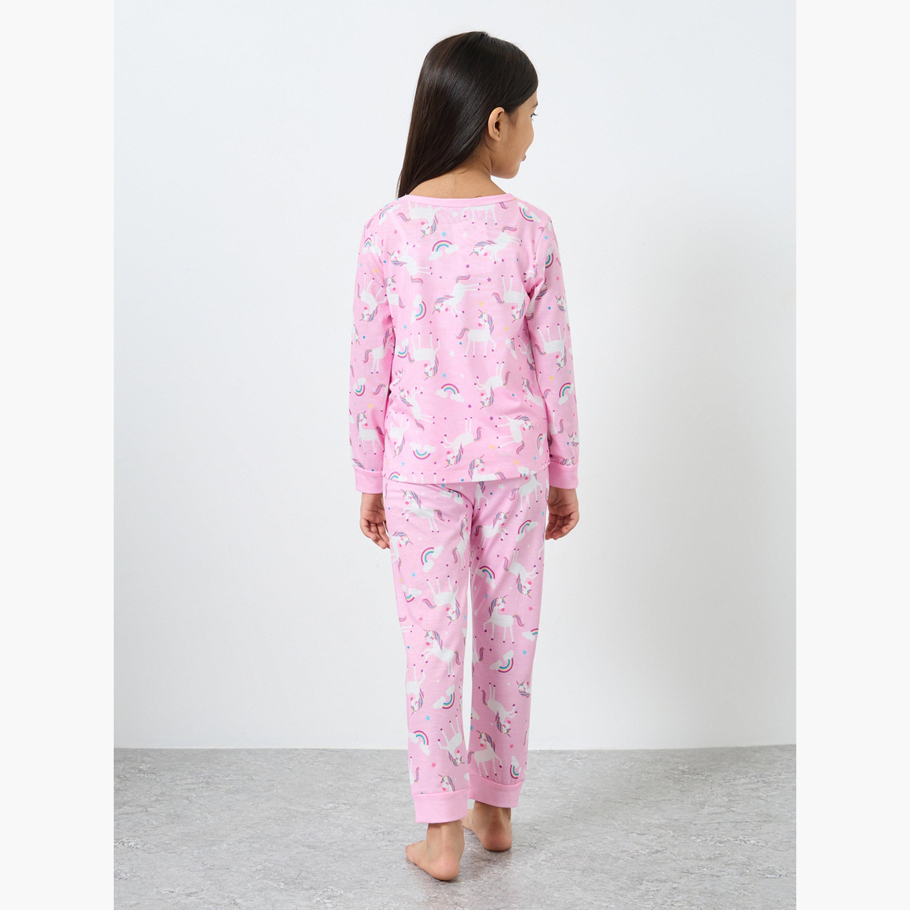 Styli Light Pink Unicorn Printed Long Sleeve Top and Pyjama Set-girls-clothing-nightwear-image-5