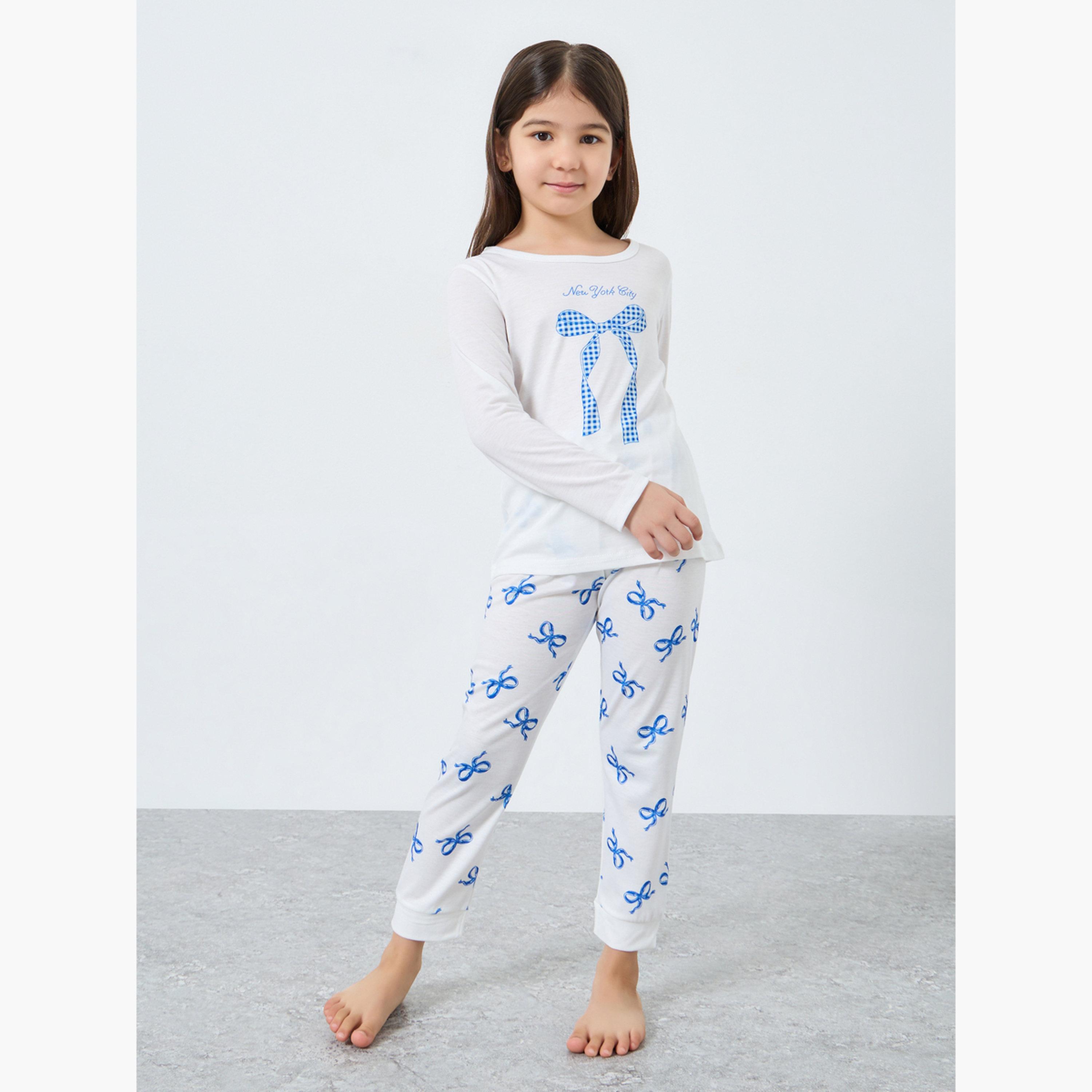 ستايلي - طقم بيجامة وقميص بأكمام طويلة وطبعة فيونكة لون أبيض عاجي-girls-clothing-nightwear-image-1