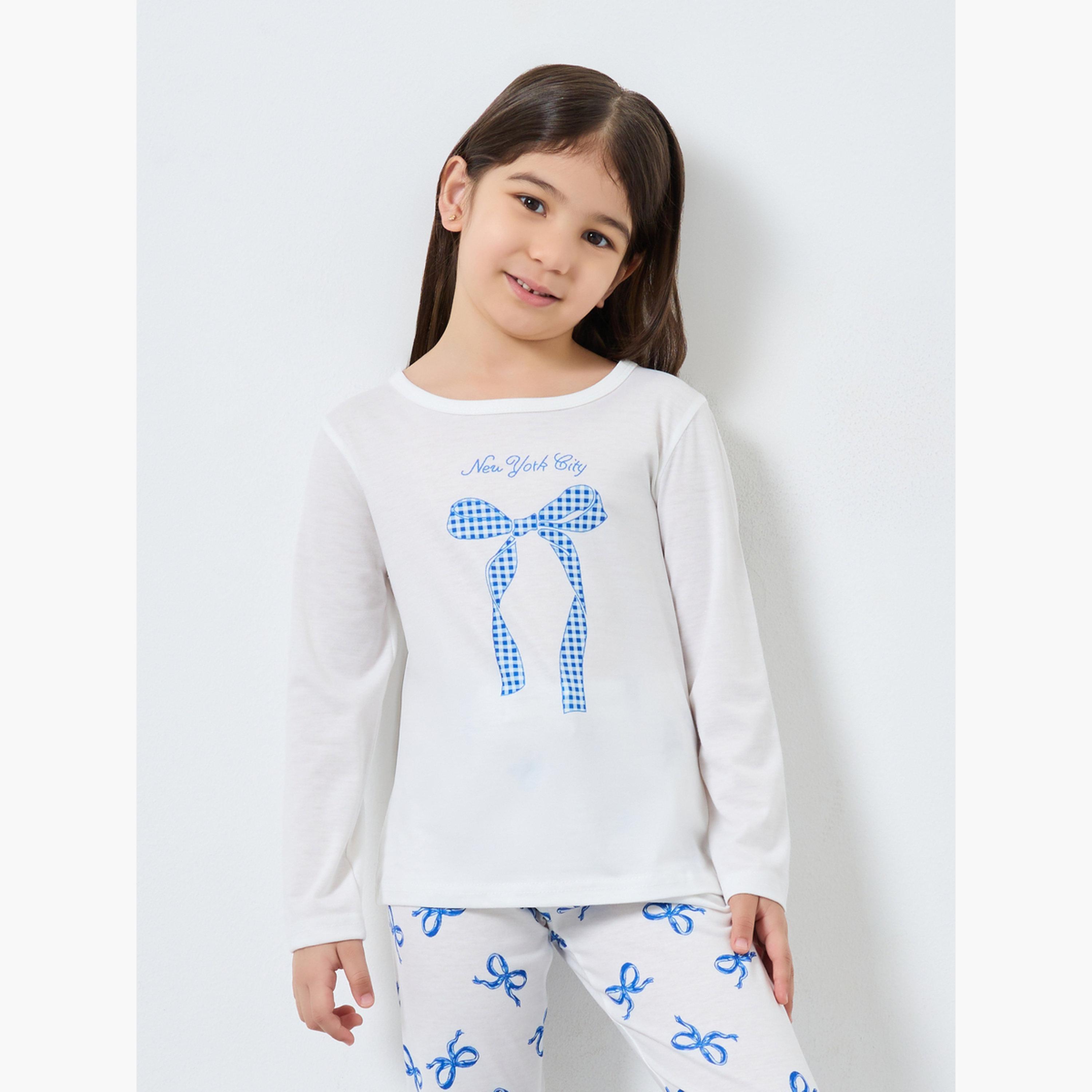 ستايلي - طقم بيجامة وقميص بأكمام طويلة وطبعة فيونكة لون أبيض عاجي-girls-clothing-nightwear-image-2