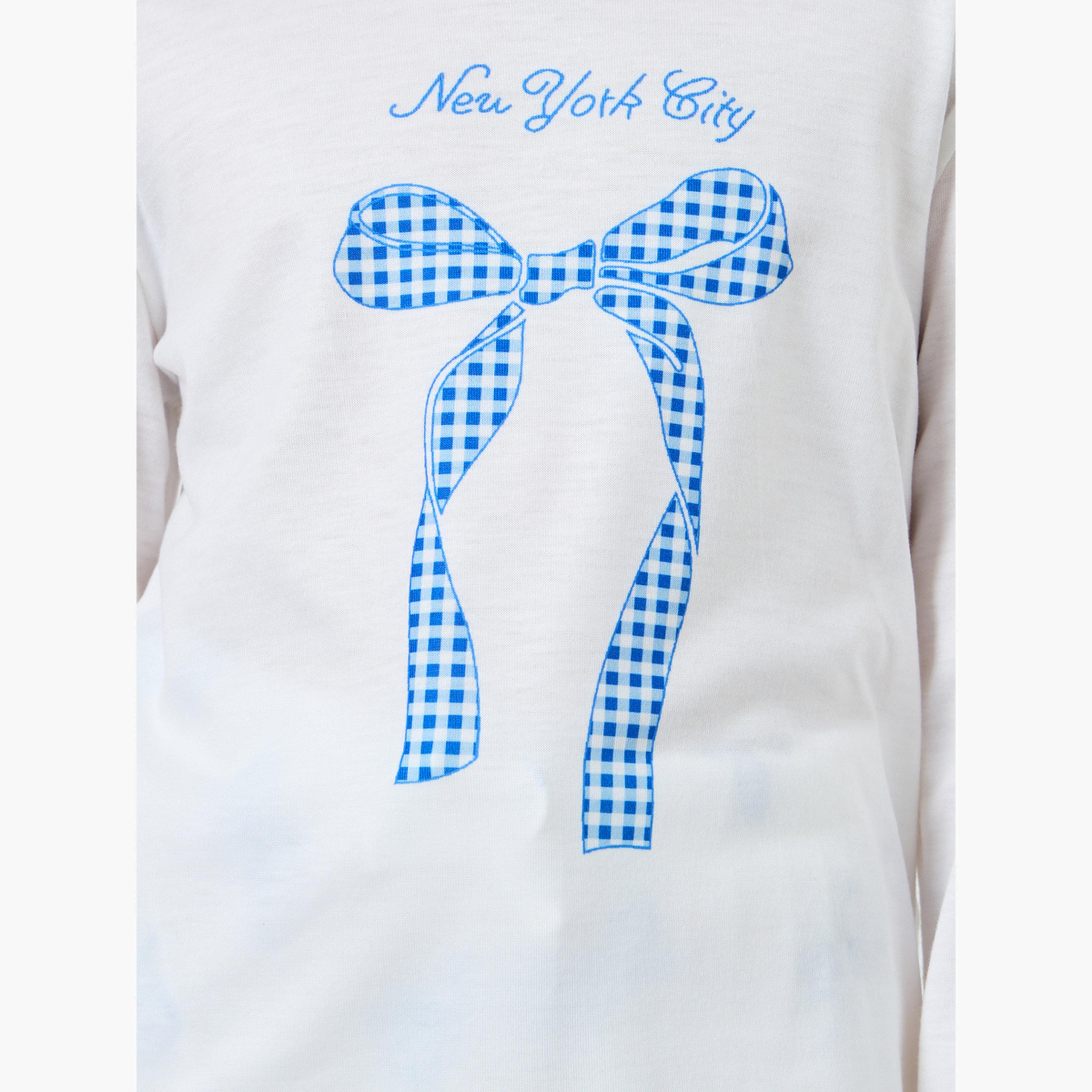 ستايلي - طقم بيجامة وقميص بأكمام طويلة وطبعة فيونكة لون أبيض عاجي-girls-clothing-nightwear-image-3