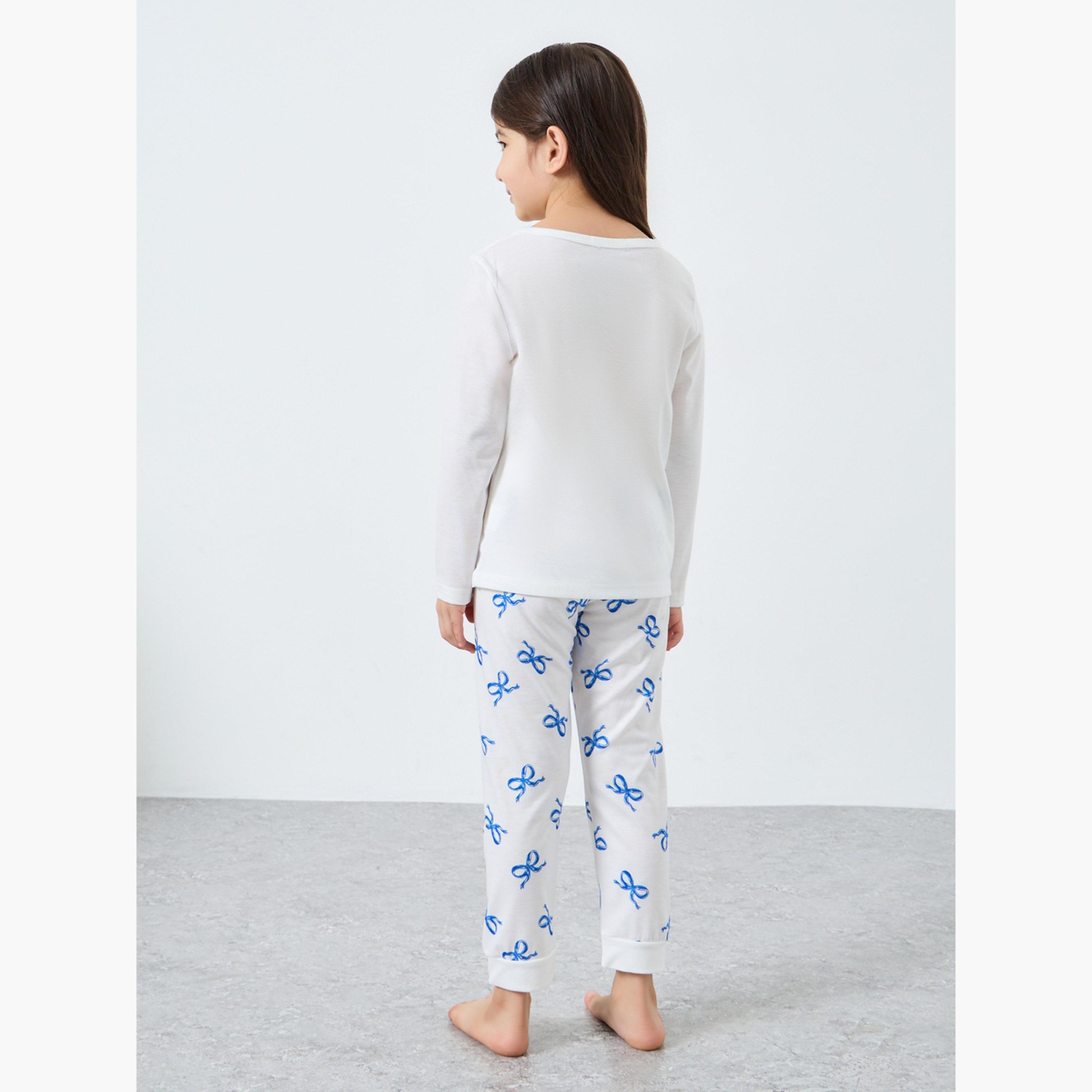 ستايلي - طقم بيجامة وقميص بأكمام طويلة وطبعة فيونكة لون أبيض عاجي-girls-clothing-nightwear-image-4