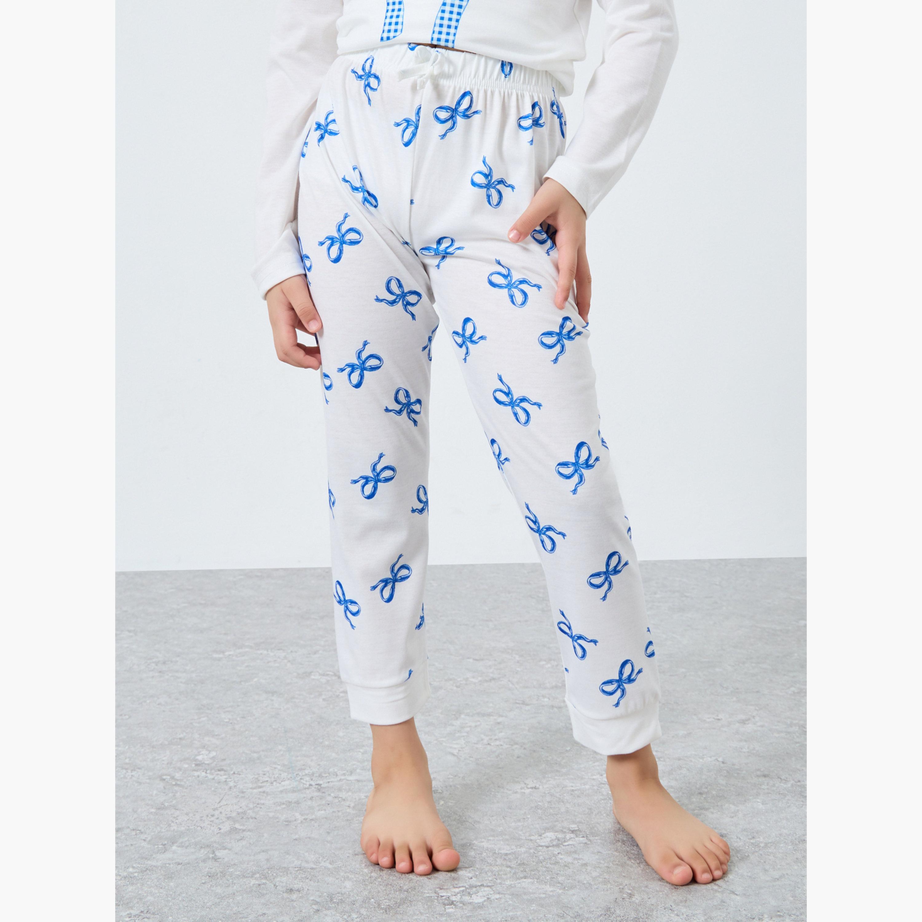 ستايلي - طقم بيجامة وقميص بأكمام طويلة وطبعة فيونكة لون أبيض عاجي-girls-clothing-nightwear-image-5