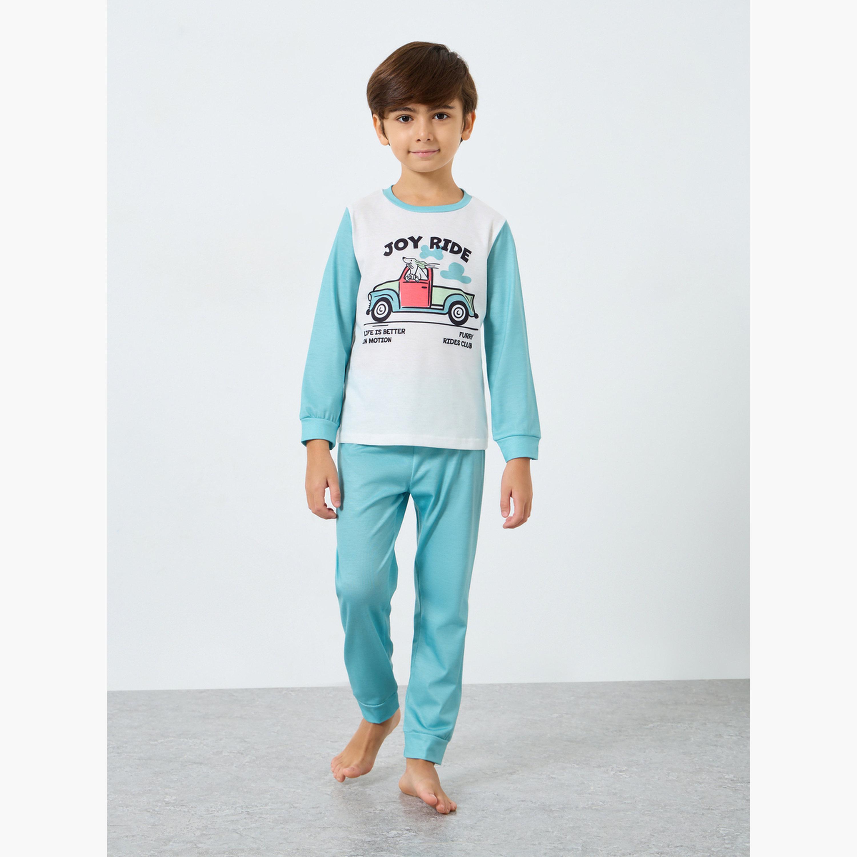 Styli Green Graphic Print Long Sleeve T-Shirt and Pyjama Set-boys-clothing-nightwear-image-1