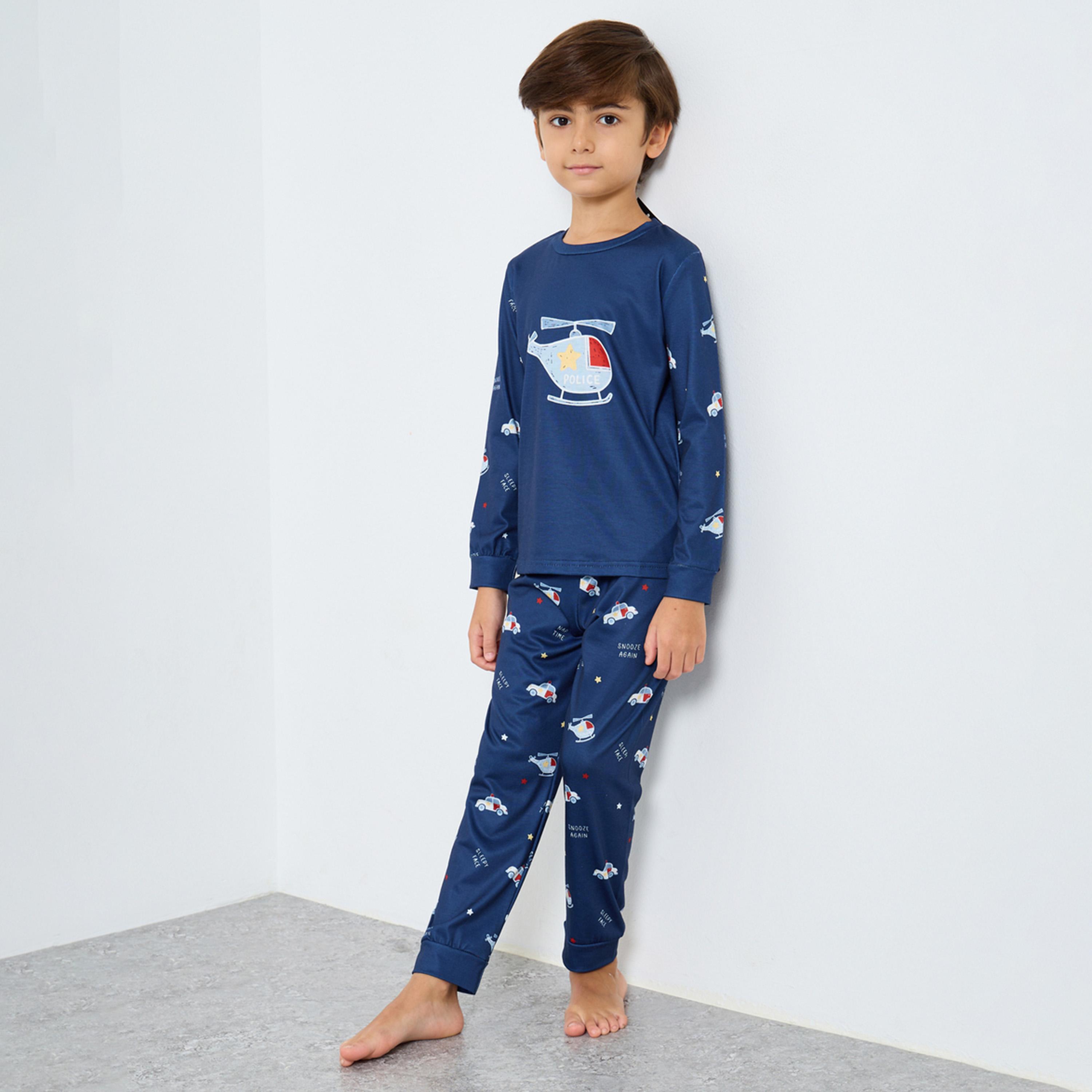 ستايلي - بيجاما تي شيرت مطبوع بأكمام طويلة لون أزرق داكن-boys-clothing-nightwear-image-1