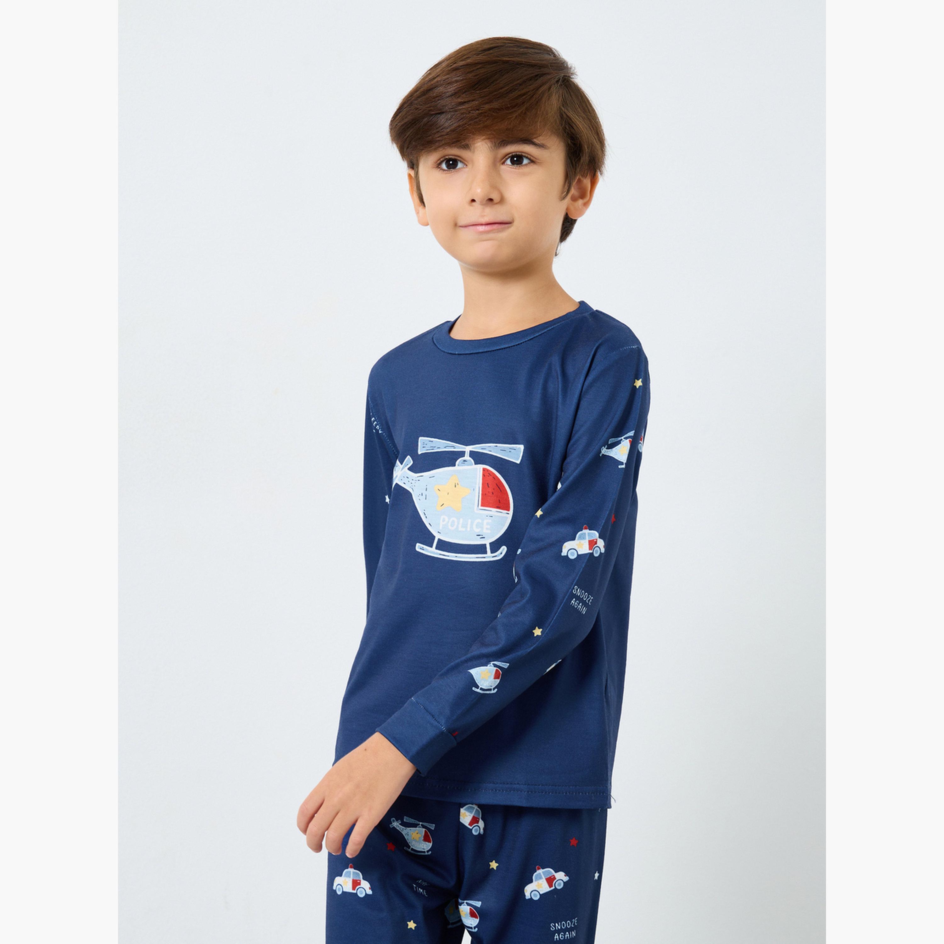 Styli Navy Blue Printed Long Sleeve T-Shirt and Pyjama Set-boys-clothing-nightwear-image-2