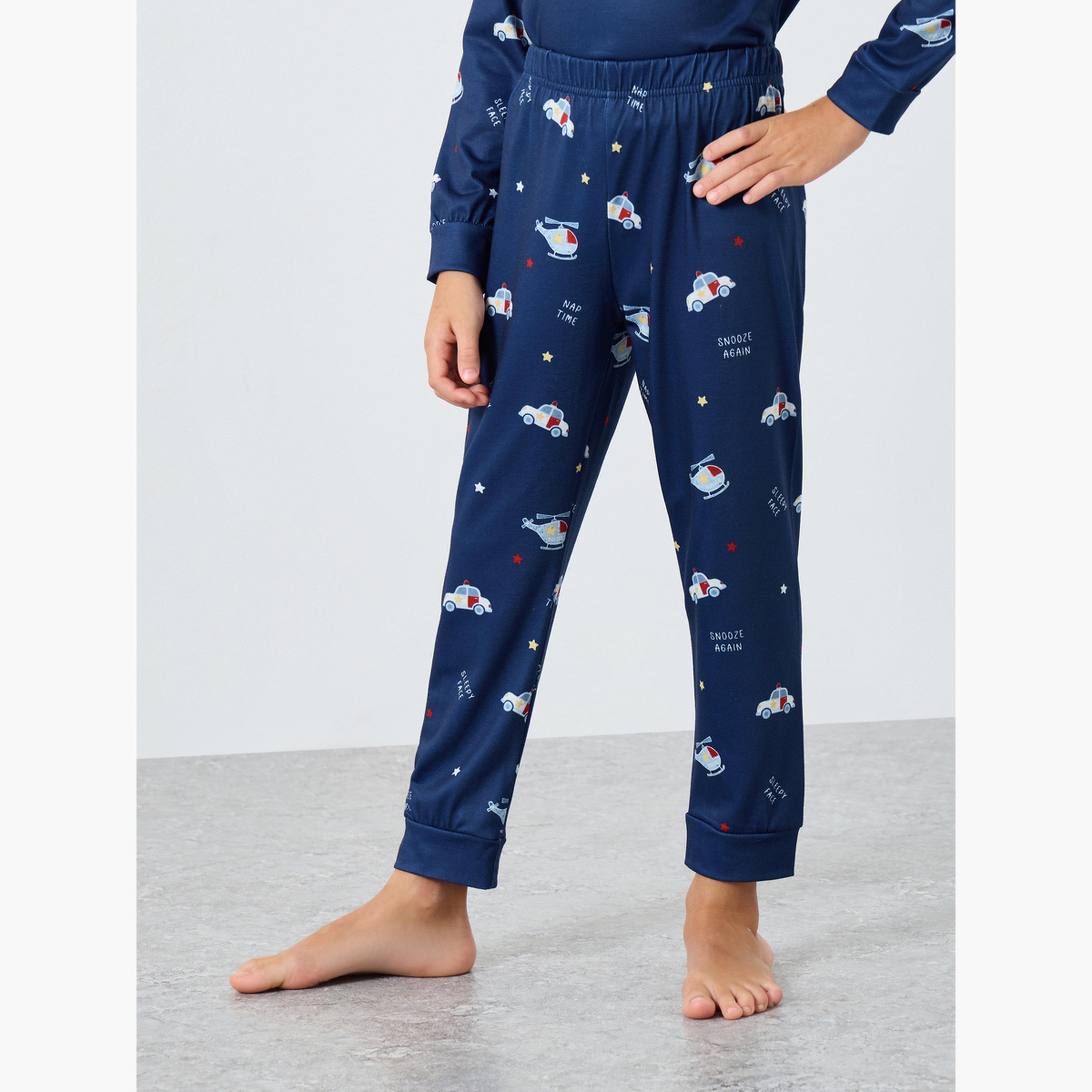Styli Navy Blue Printed Long Sleeve T-Shirt and Pyjama Set-boys-clothing-nightwear-image-4