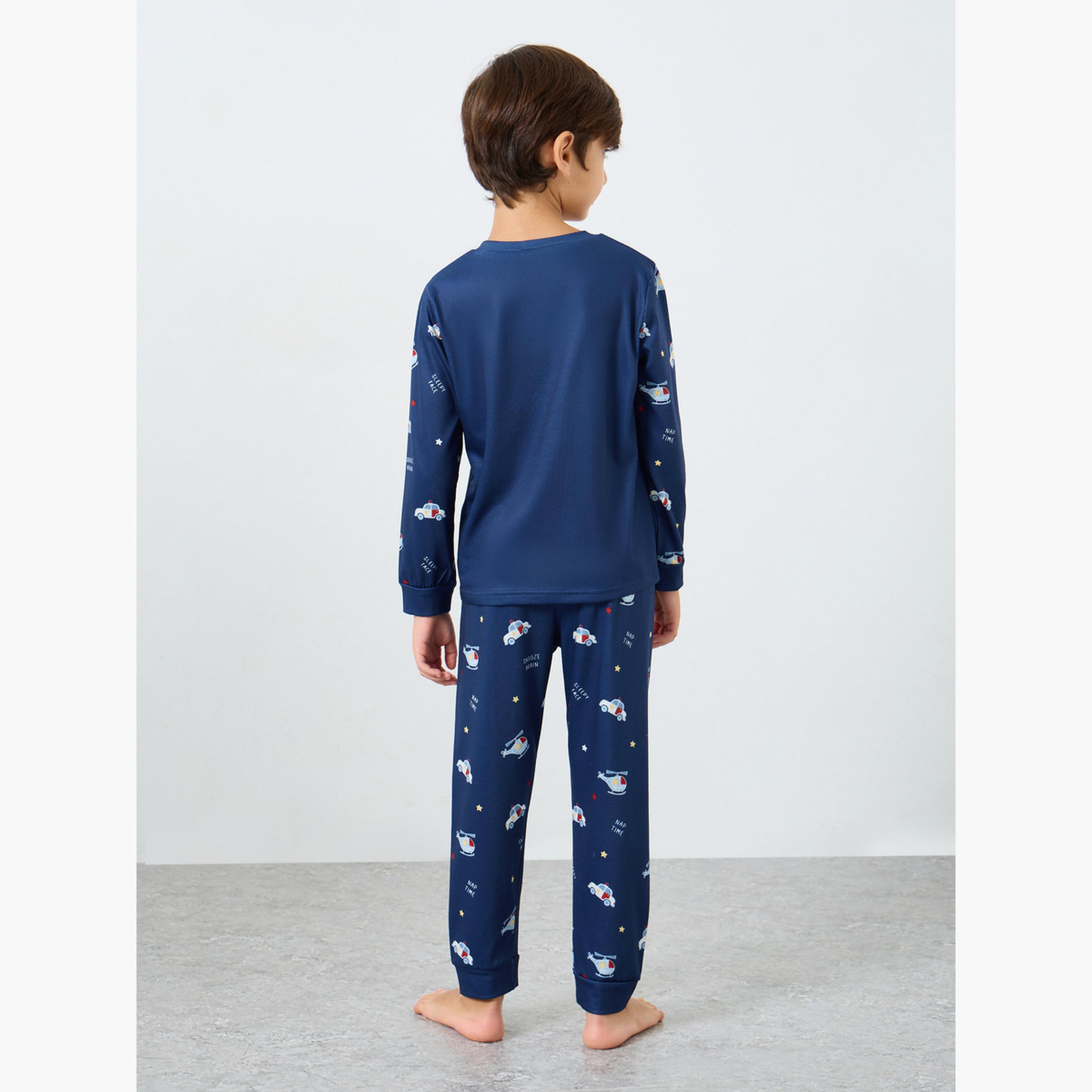 Styli Navy Blue Printed Long Sleeve T-Shirt and Pyjama Set-boys-clothing-nightwear-image-5