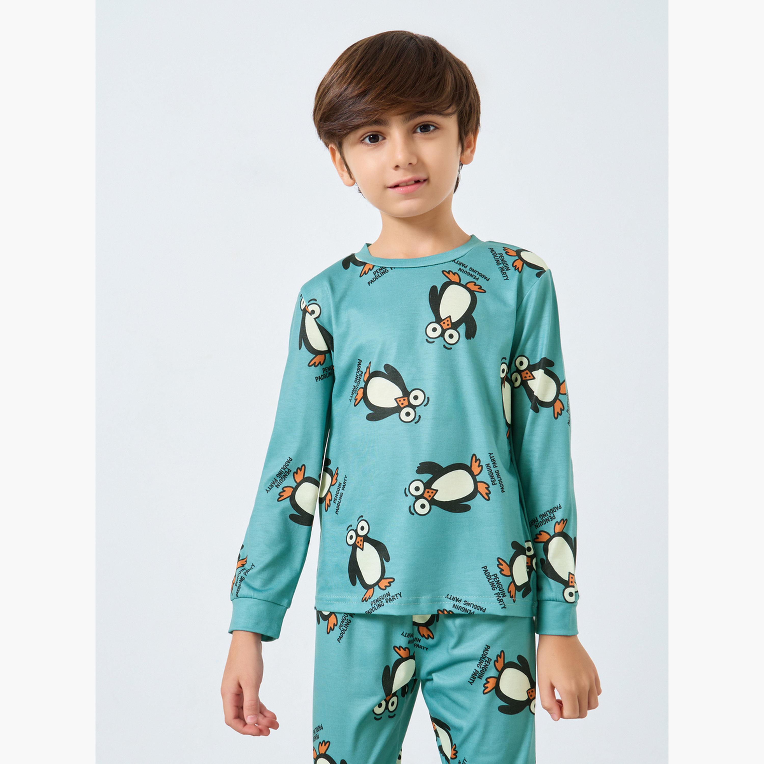 ستايلي - بيجاما تي شيرت بأكمام طويلة بطبعة بطريق أخضر-boys-clothing-nightwear-image-2