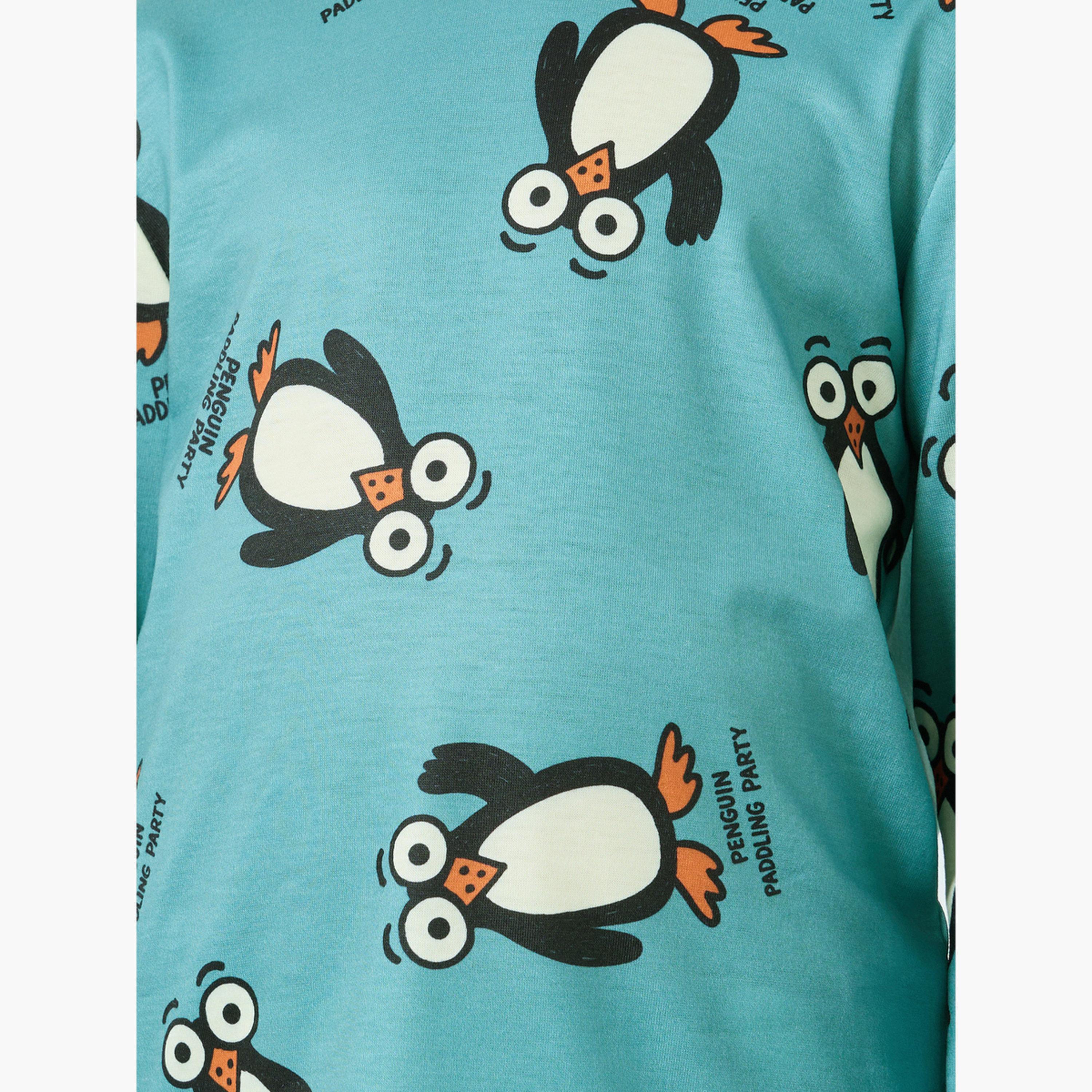 Styli Green Penguin Print Long Sleeve T-Shirt and Pyjama Set-boys-clothing-nightwear-image-3