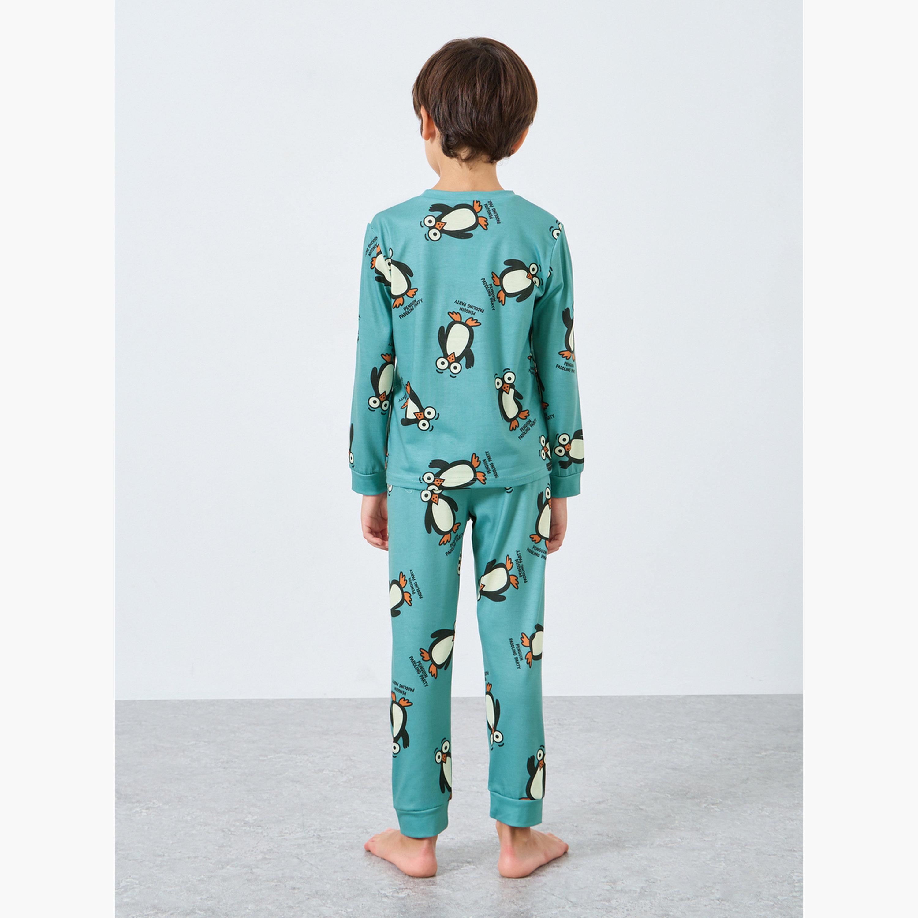ستايلي - بيجاما تي شيرت بأكمام طويلة بطبعة بطريق أخضر-boys-clothing-nightwear-image-5