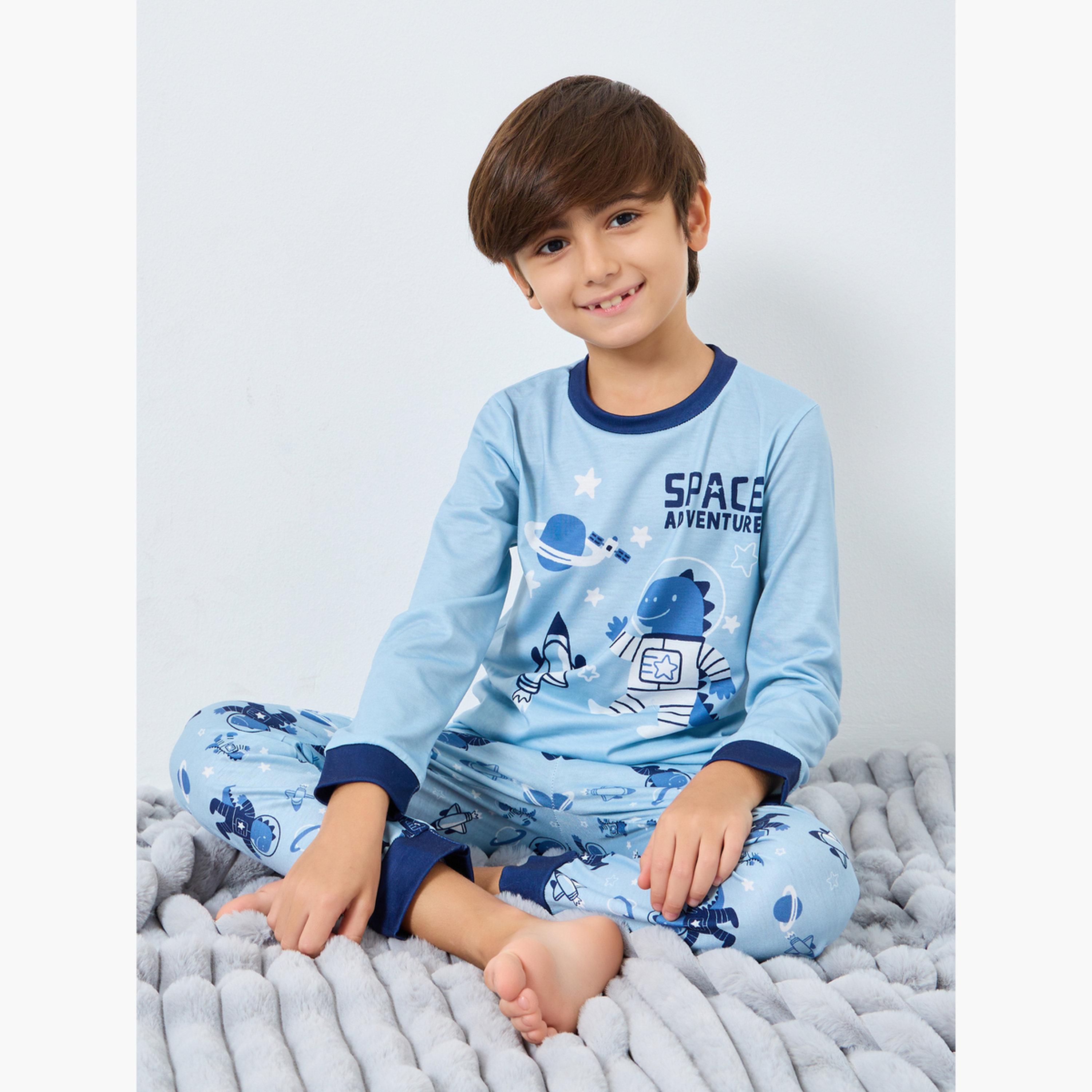 Styli Blue Space Printed Long Sleeve T-Shirt and Pyjama Set-boys-clothing-nightwear-image-2