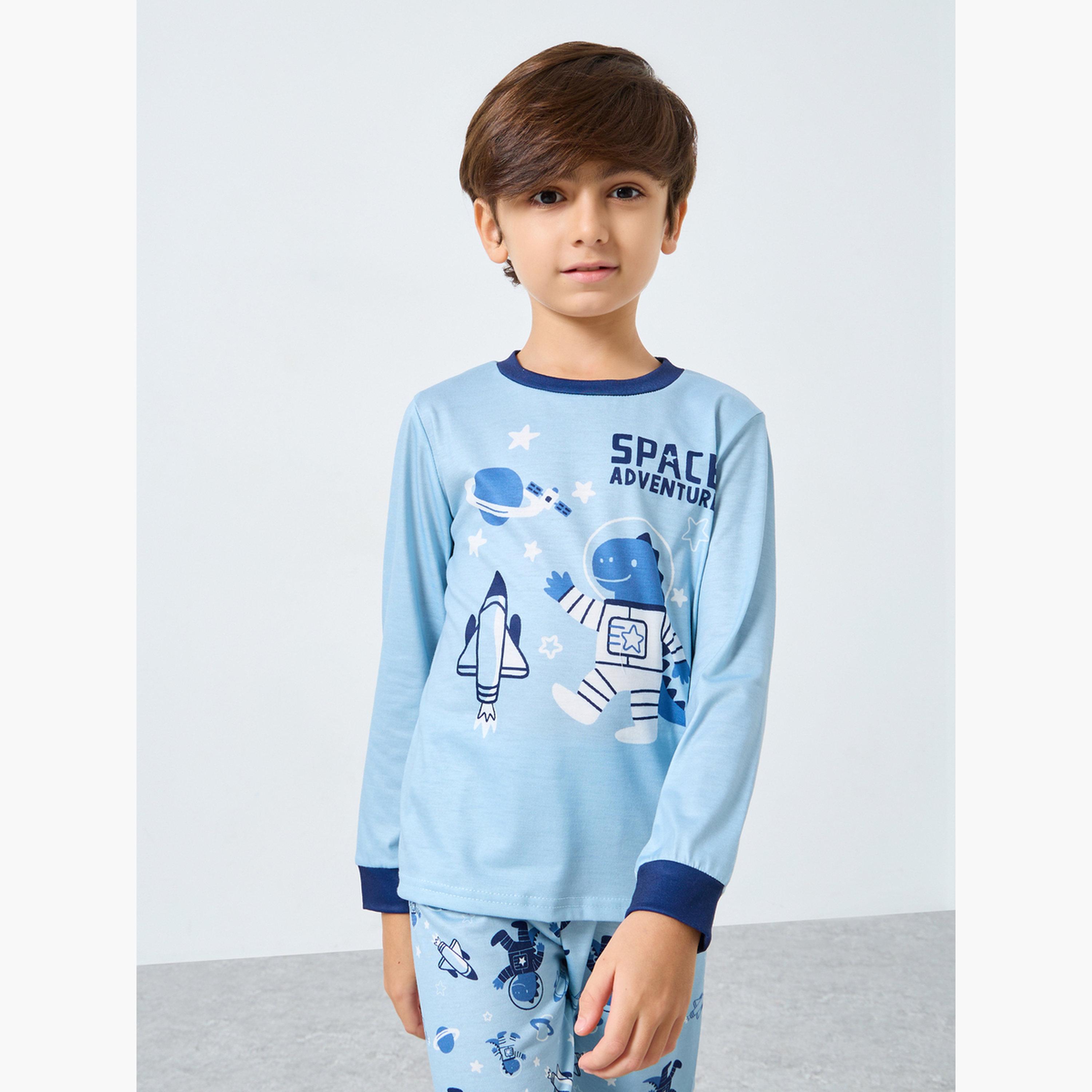 Styli Blue Space Printed Long Sleeve T-Shirt and Pyjama Set-boys-clothing-nightwear-image-3