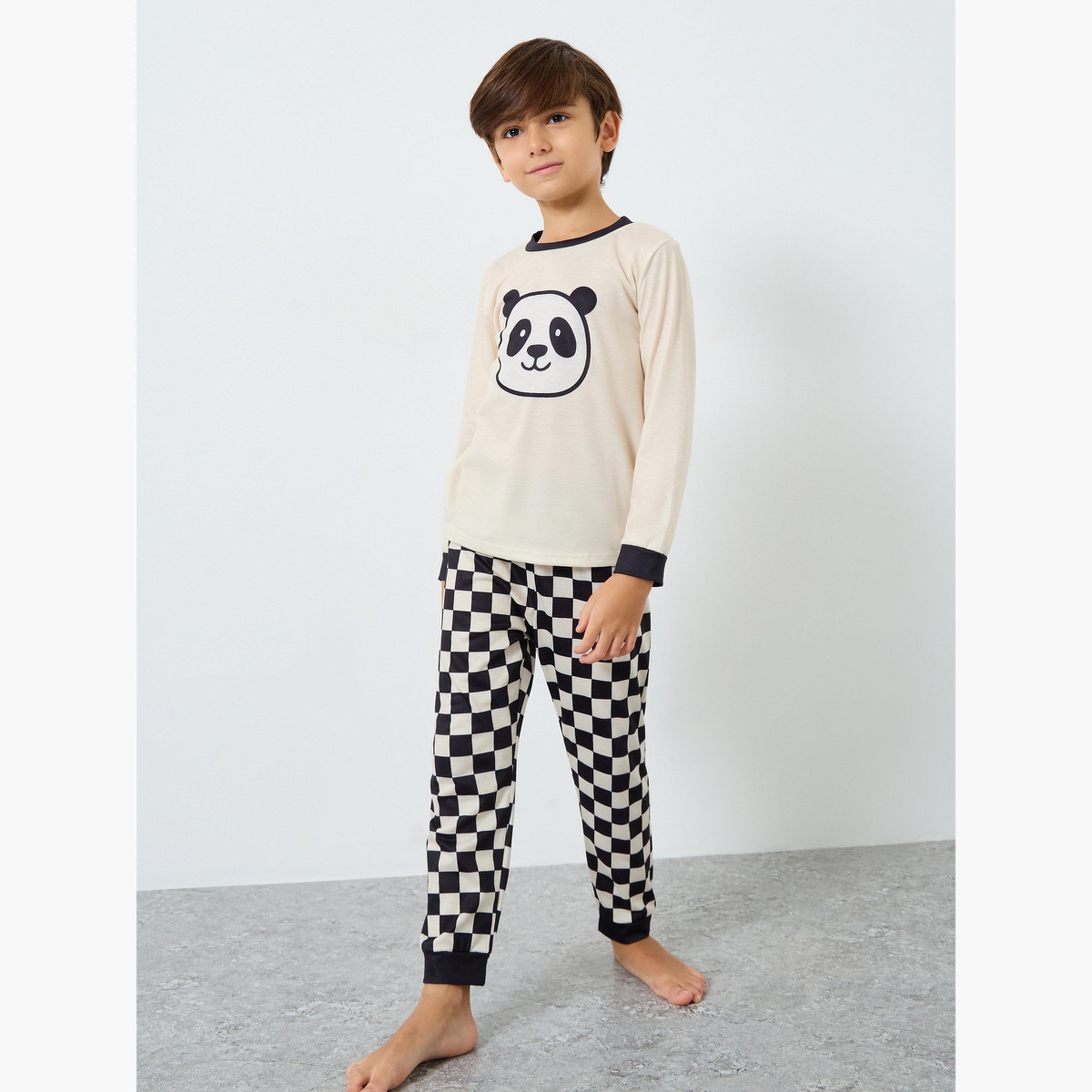 Styli Panda Printed Long Sleeve T-Shirt and Pyjama Set-boys-clothing-nightwear-image-1