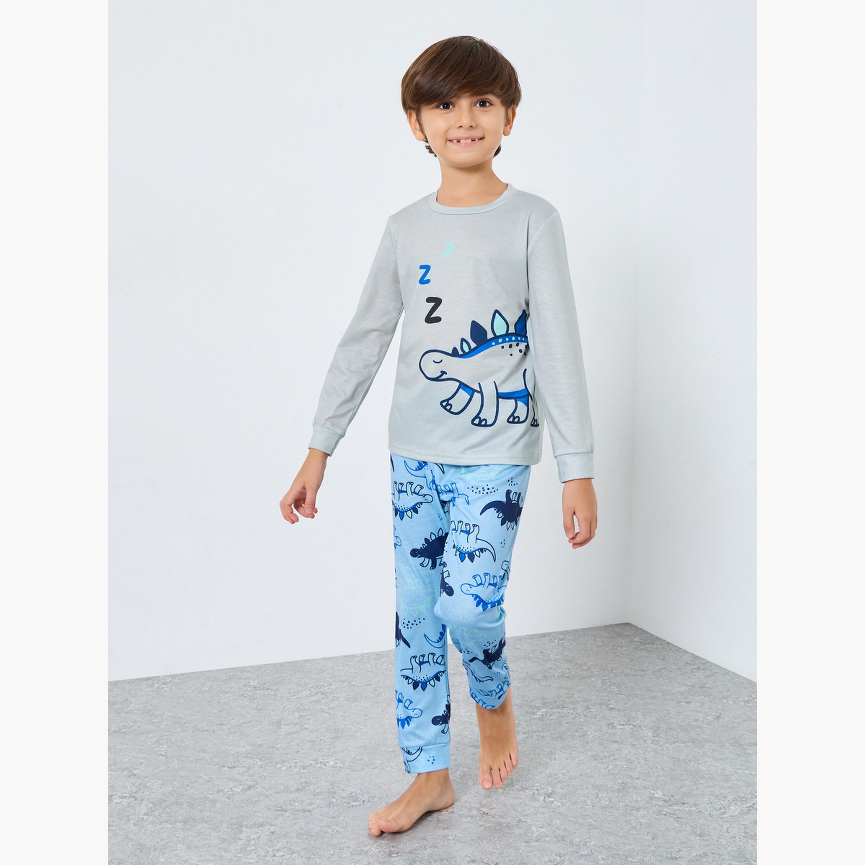 Styli Printed Long Sleeve T-Shirt and Pyjama Set-boys-clothing-nightwear-image-1