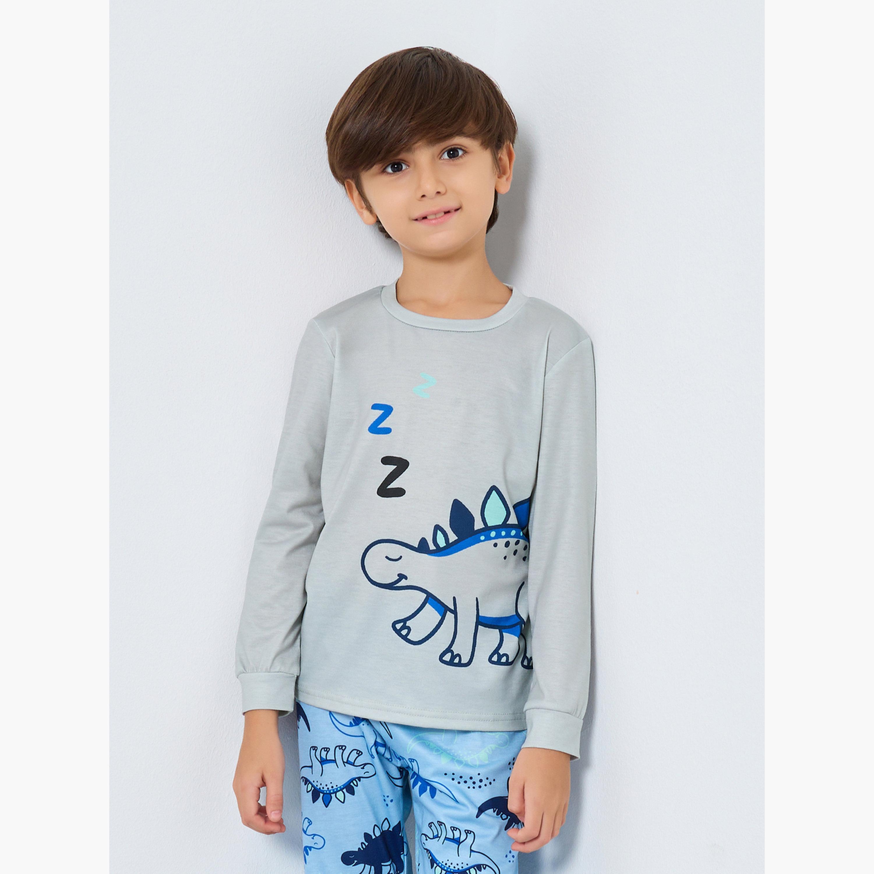 Styli Printed Long Sleeve T-Shirt and Pyjama Set-boys-clothing-nightwear-image-2