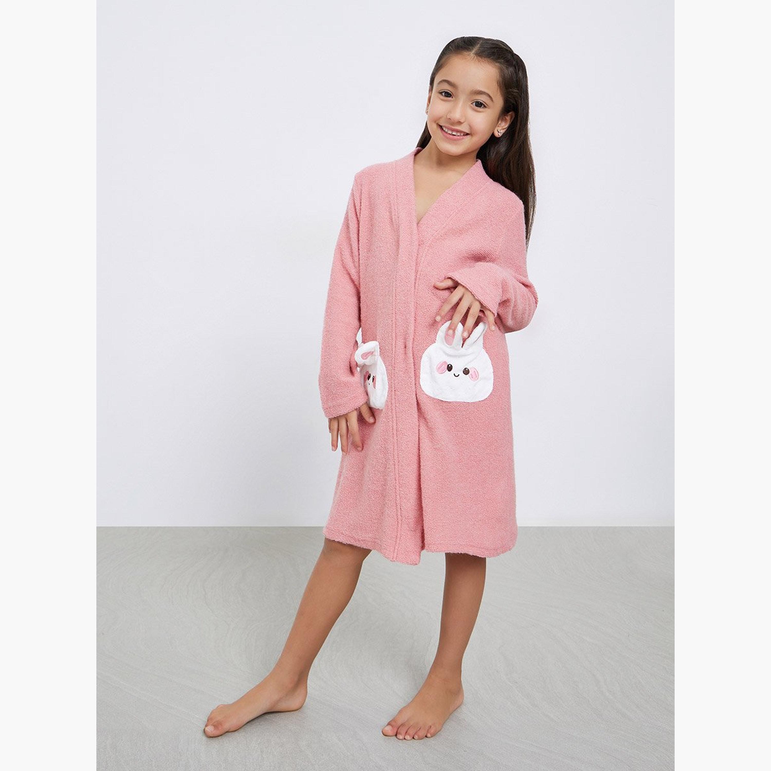 ستايلي - روب وردي مزين بأذن الأرنب للفتيات-girls-clothing-nightwear-image-1