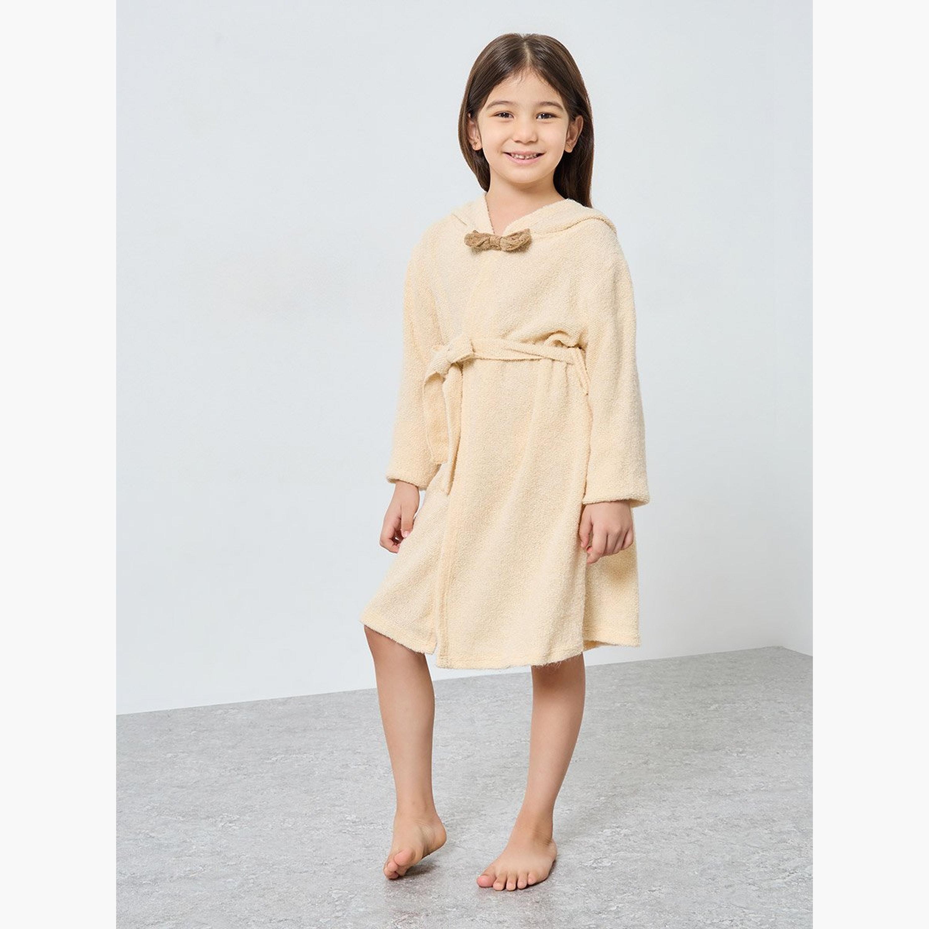Styli Beige Solid Hooded Bath Robe-girls-clothing-swimwear-image-1