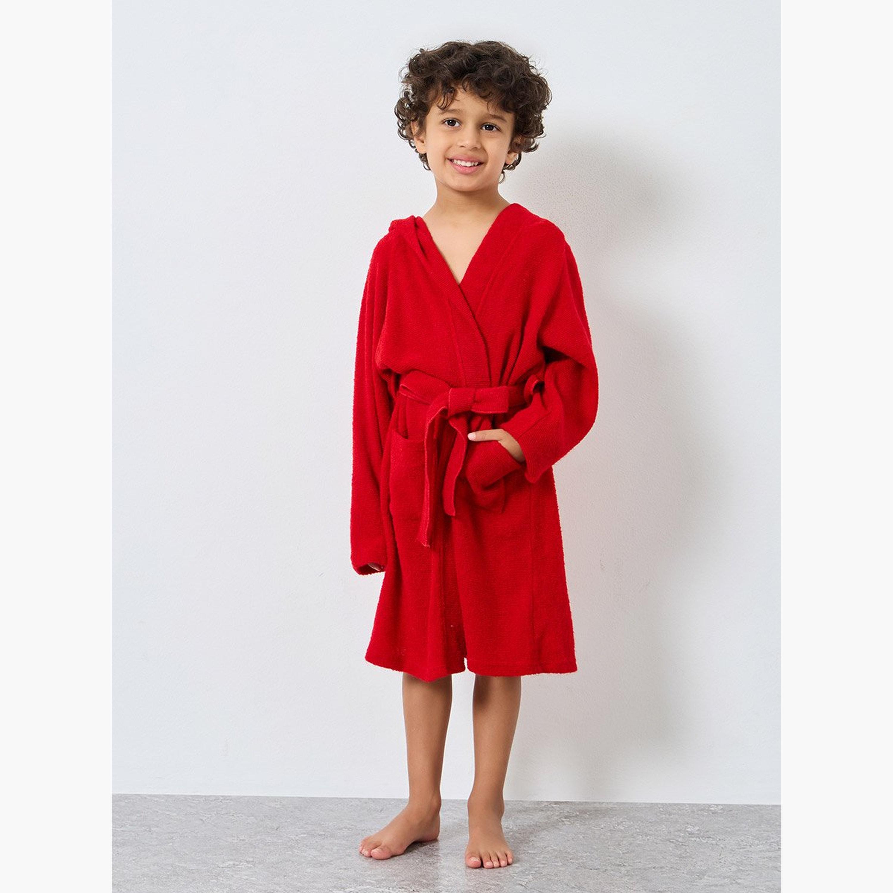 Styli Red Solid Hooded Bath Robe-boys-clothing-swimwear-image-1