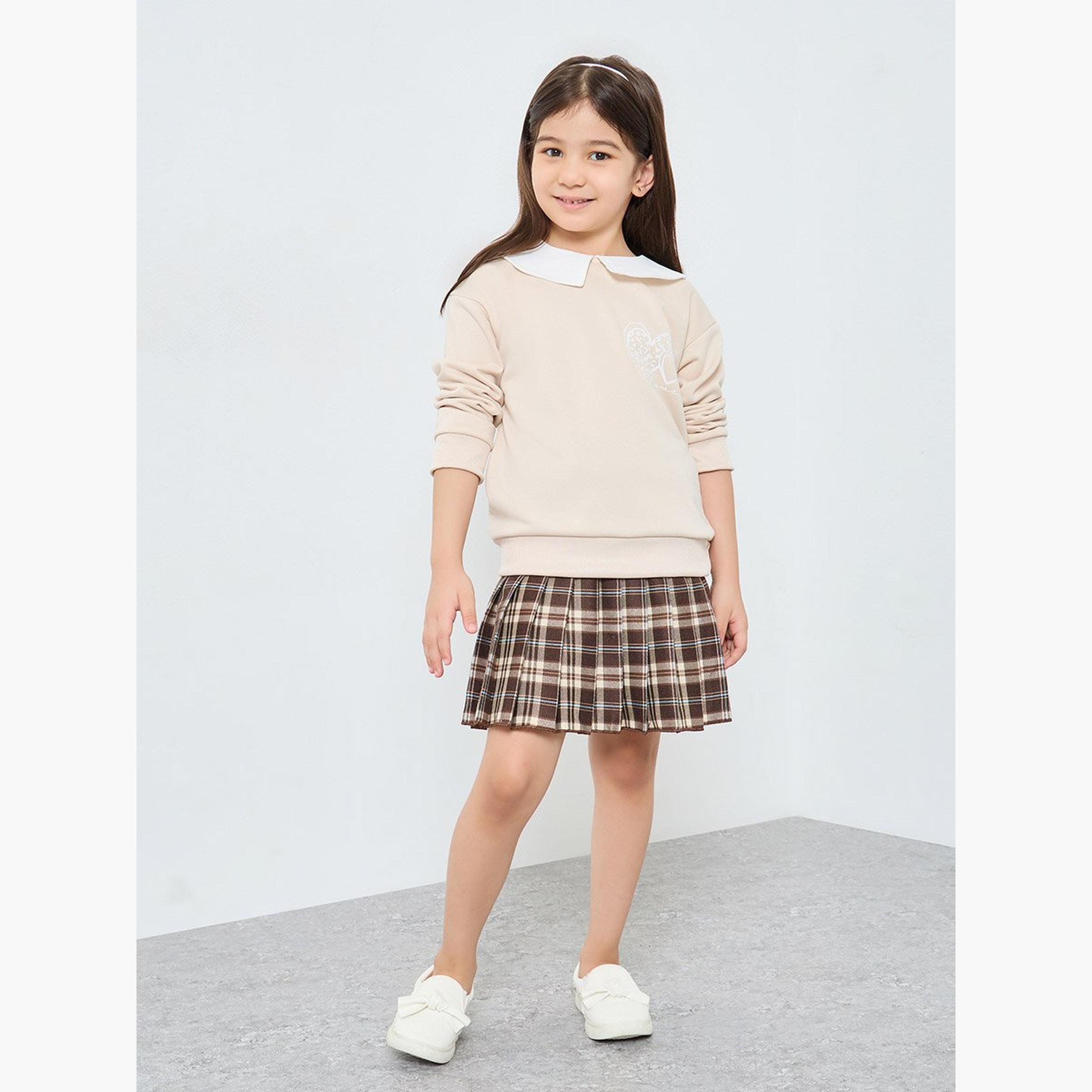 ستايلي - طقم بناتي مكون من بلوزة بيج بأكمام طويلة وتنورة منقوشة-girls-clothing-setsandcoords-image-1