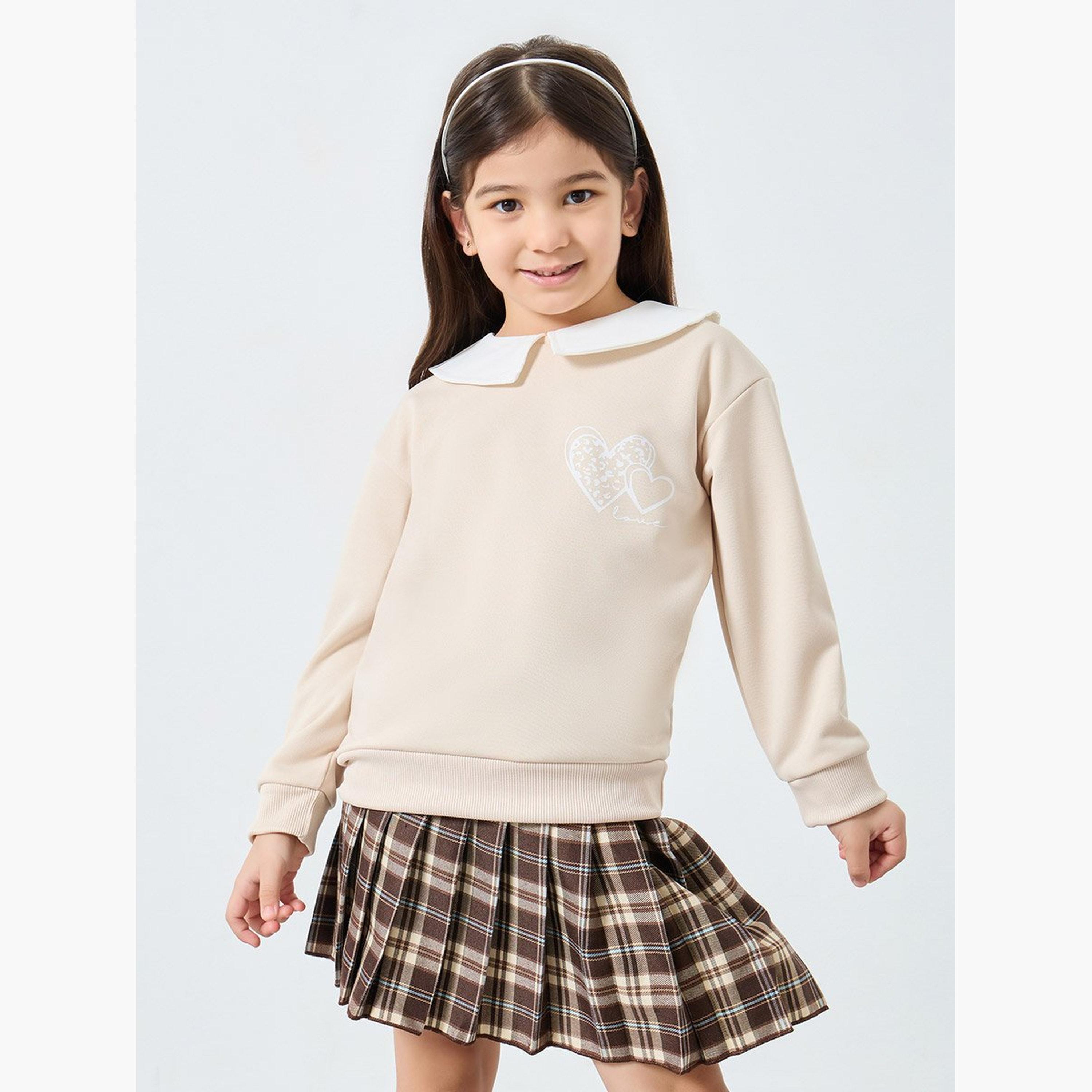 ستايلي - طقم بناتي مكون من بلوزة بيج بأكمام طويلة وتنورة منقوشة-girls-clothing-setsandcoords-image-2