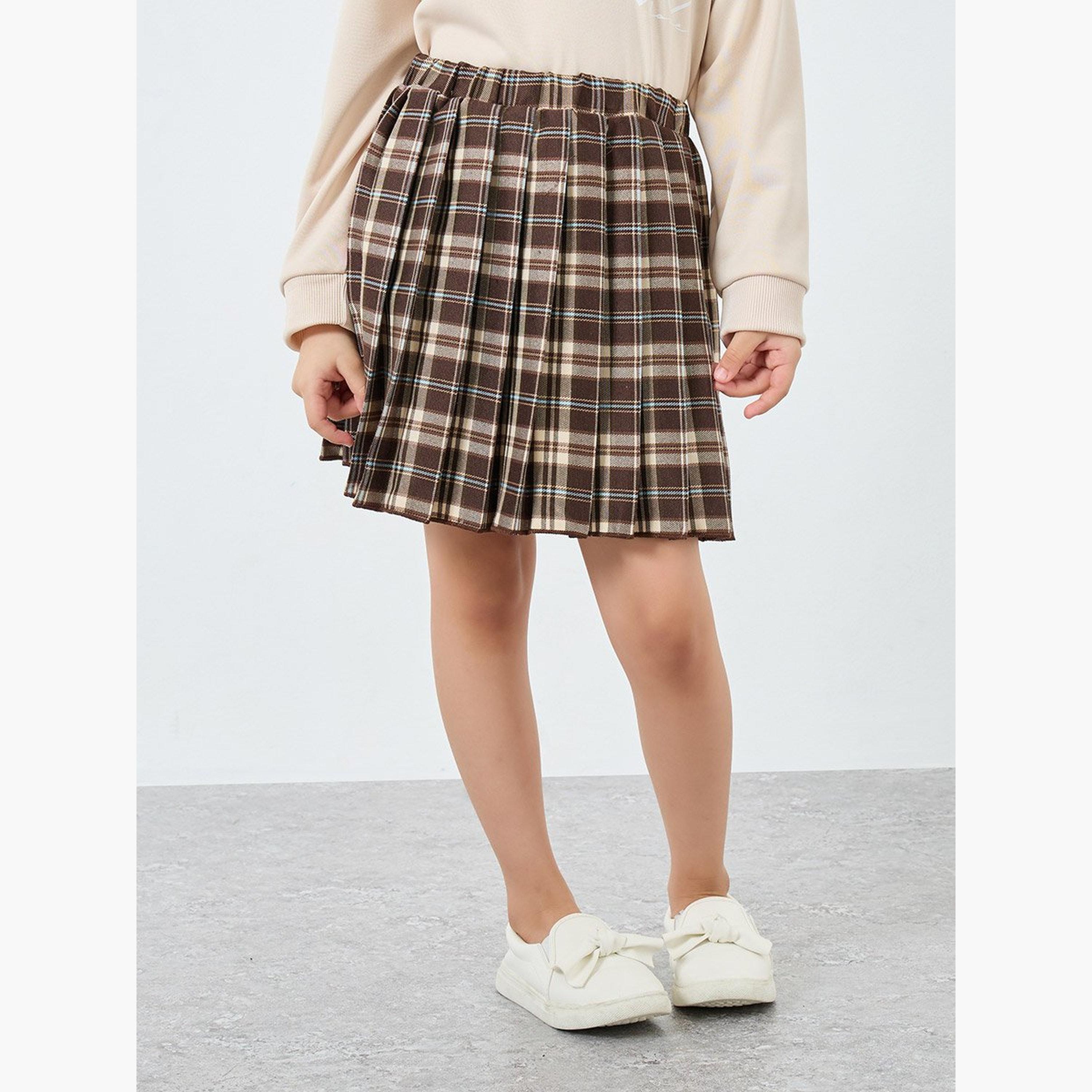 Styli Girls Beige Long Sleeve Top and Checked Skirt Set-girls-clothing-setsandcoords-image-5
