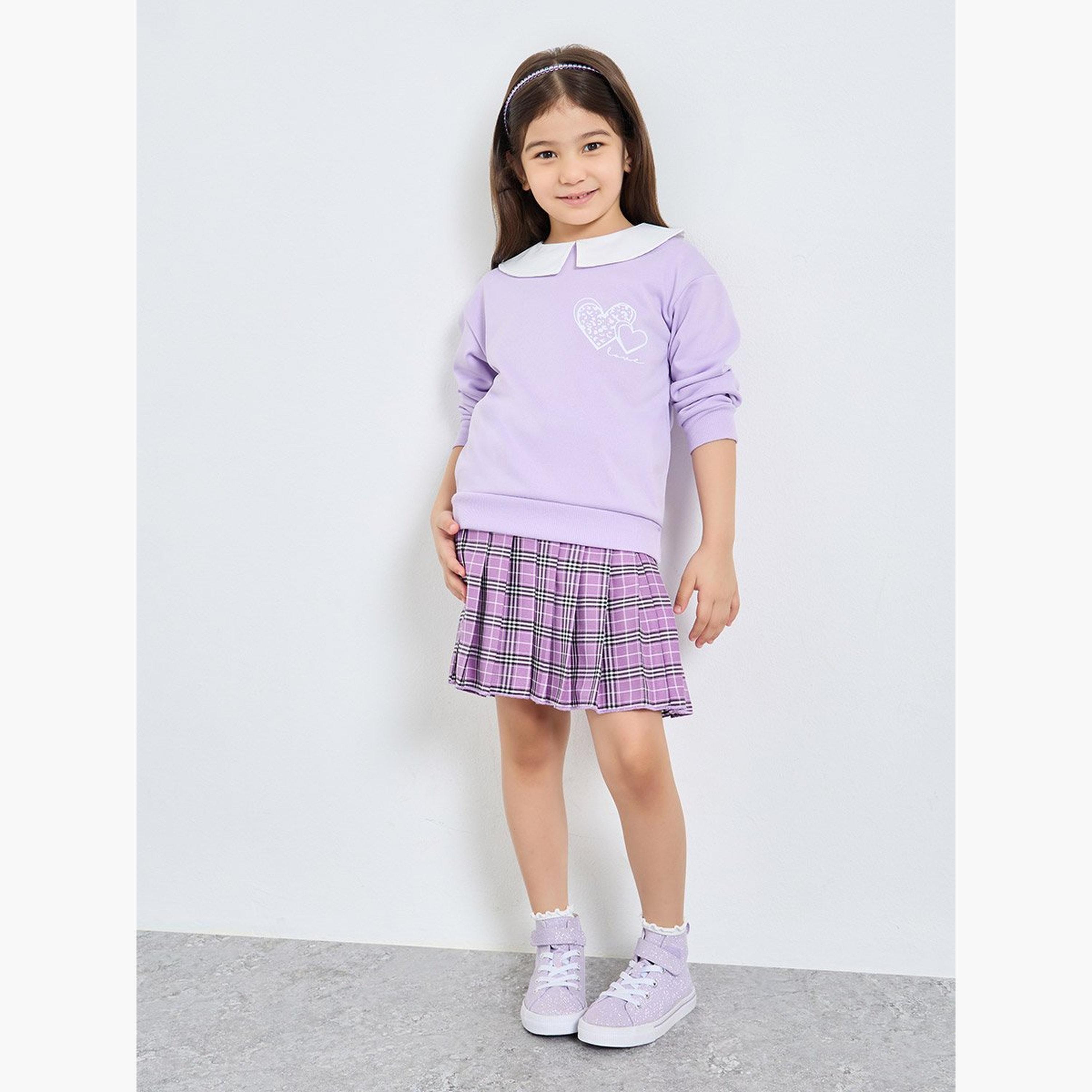 ستايلي - طقم بناتي بلوزة أرجوانية بأكمام طويلة وتنورة منقوشة-girls-clothing-setsandcoords-image-1