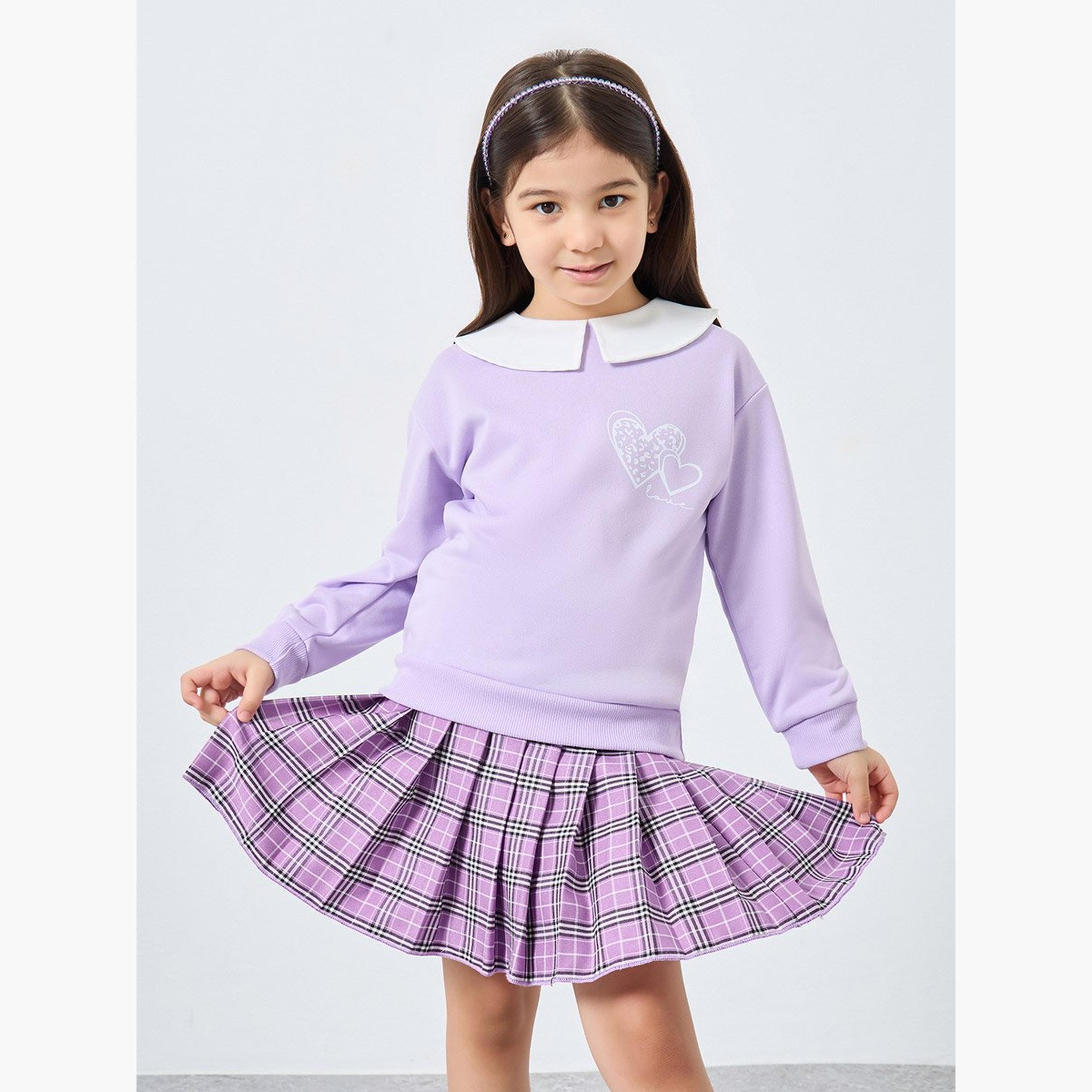 ستايلي - طقم بناتي بلوزة أرجوانية بأكمام طويلة وتنورة منقوشة-girls-clothing-setsandcoords-image-2