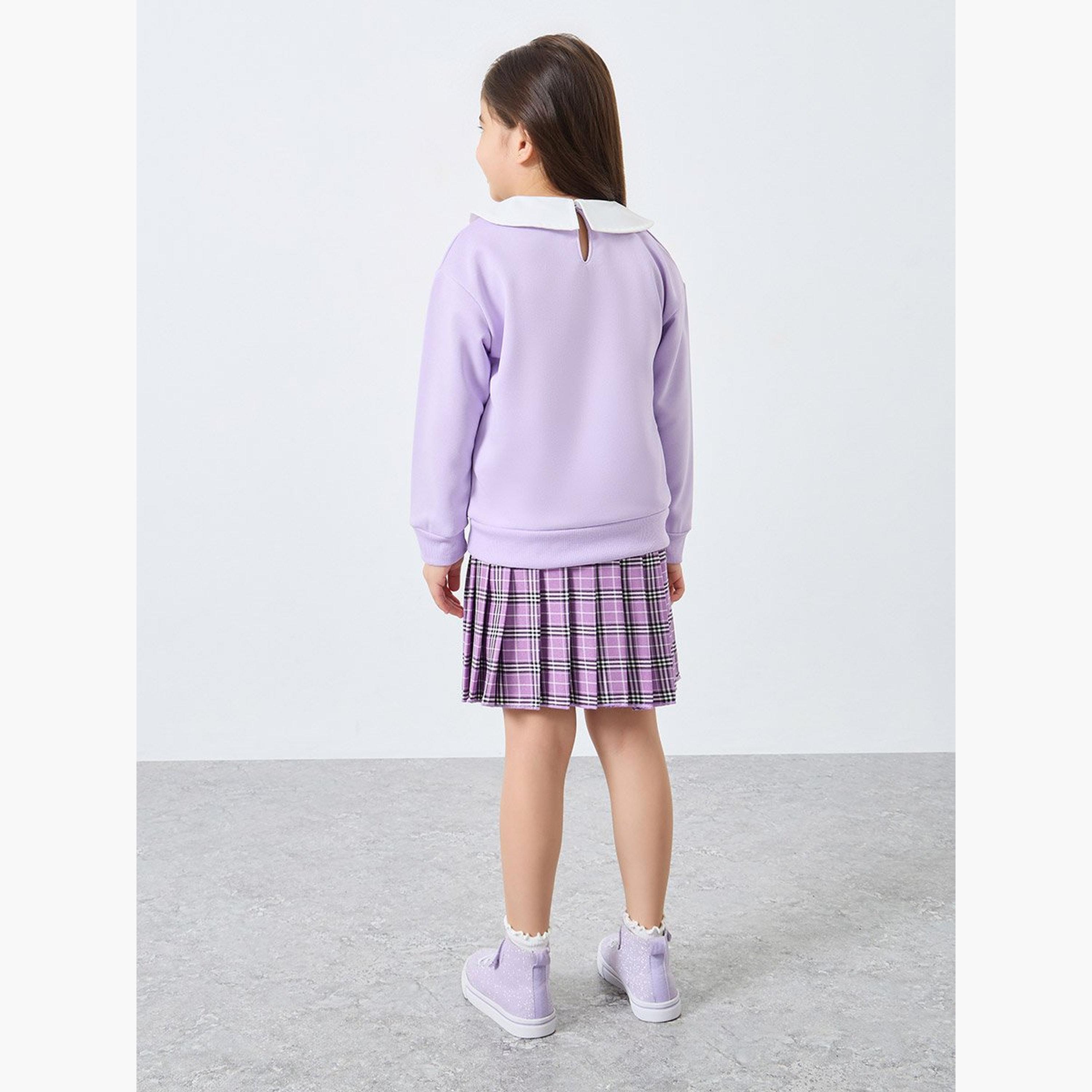 Styli Girls Lilac Long Sleeve Top and Checked Skirt Set-girls-clothing-setsandcoords-image-4
