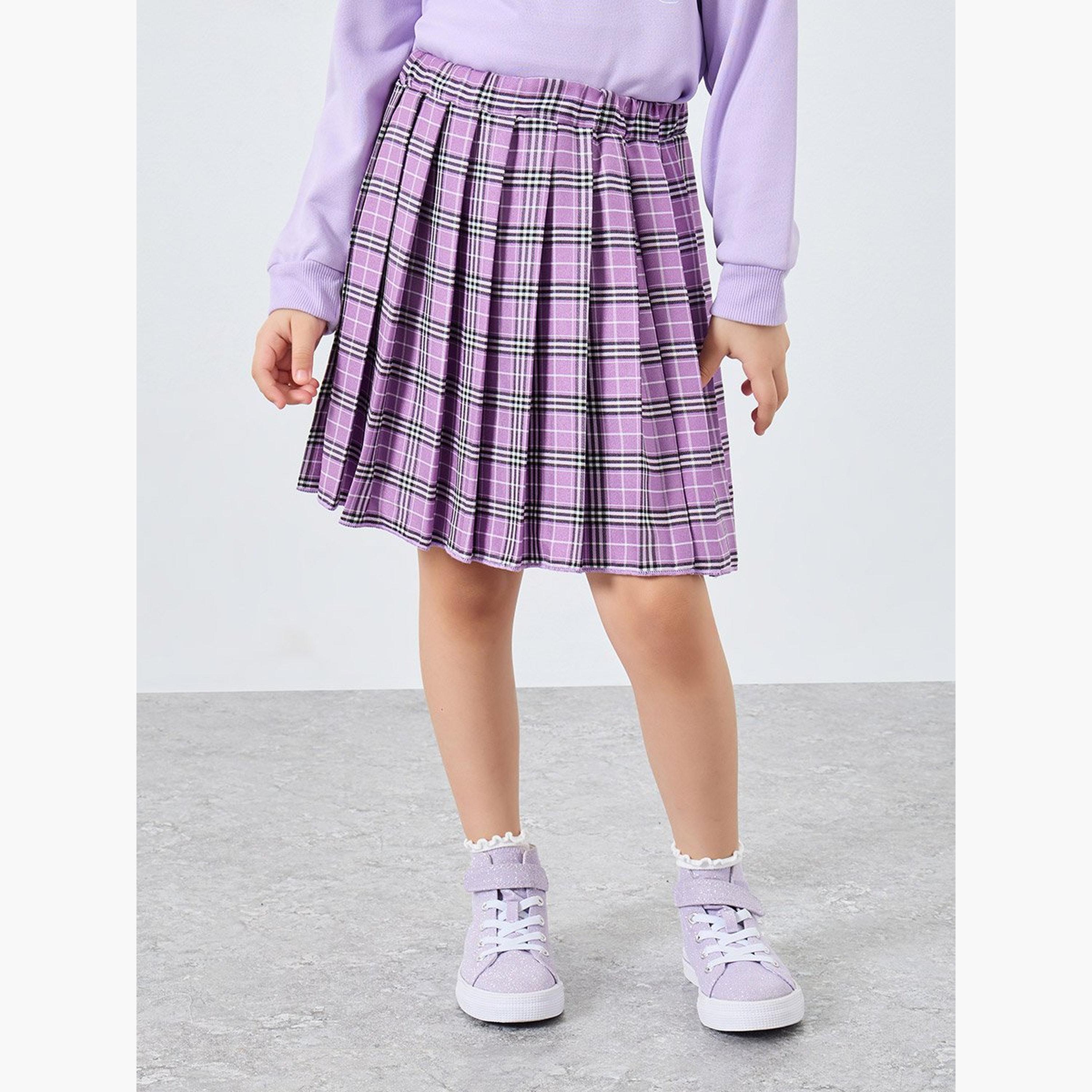 Styli Girls Lilac Long Sleeve Top and Checked Skirt Set-girls-clothing-setsandcoords-image-5